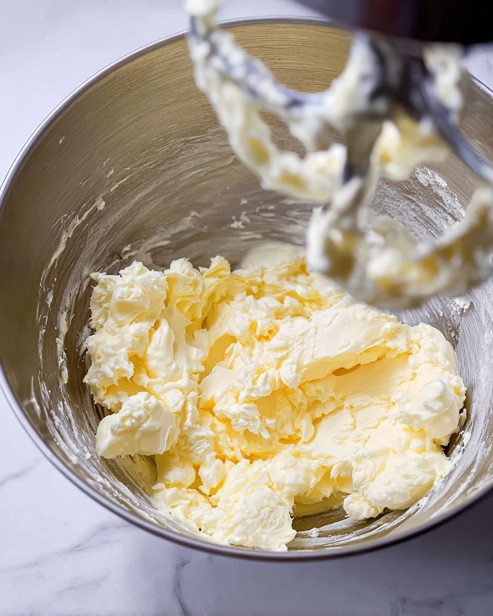A close-up look at a shiny silver mixing bowl with creamy yellow and white soft curds of butter inside, showing a chunky and slightly lumpy texture. A metal mixer attachment covered in some of the same butter mixture is visible above the bowl. The setting has a white marbled surface beneath the bowl, creating a clean and bright background. Photo taken with an iphone --ar 4:5 --v 7