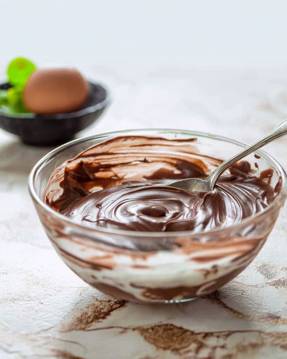 A clear glass bowl filled with three thick layers of smooth, dark brown chocolate pudding sits on a white marbled surface with a patterned cloth underneath. A silver spoon scoops up some pudding from the top layer, showing its creamy and rich texture. In the background, there is an avocado peel with a brown seed inside placed on the same white marbled surface. Another avocado seed lies near the bottom left corner of the image. The photo taken with an iphone --ar 4:5 --v 7