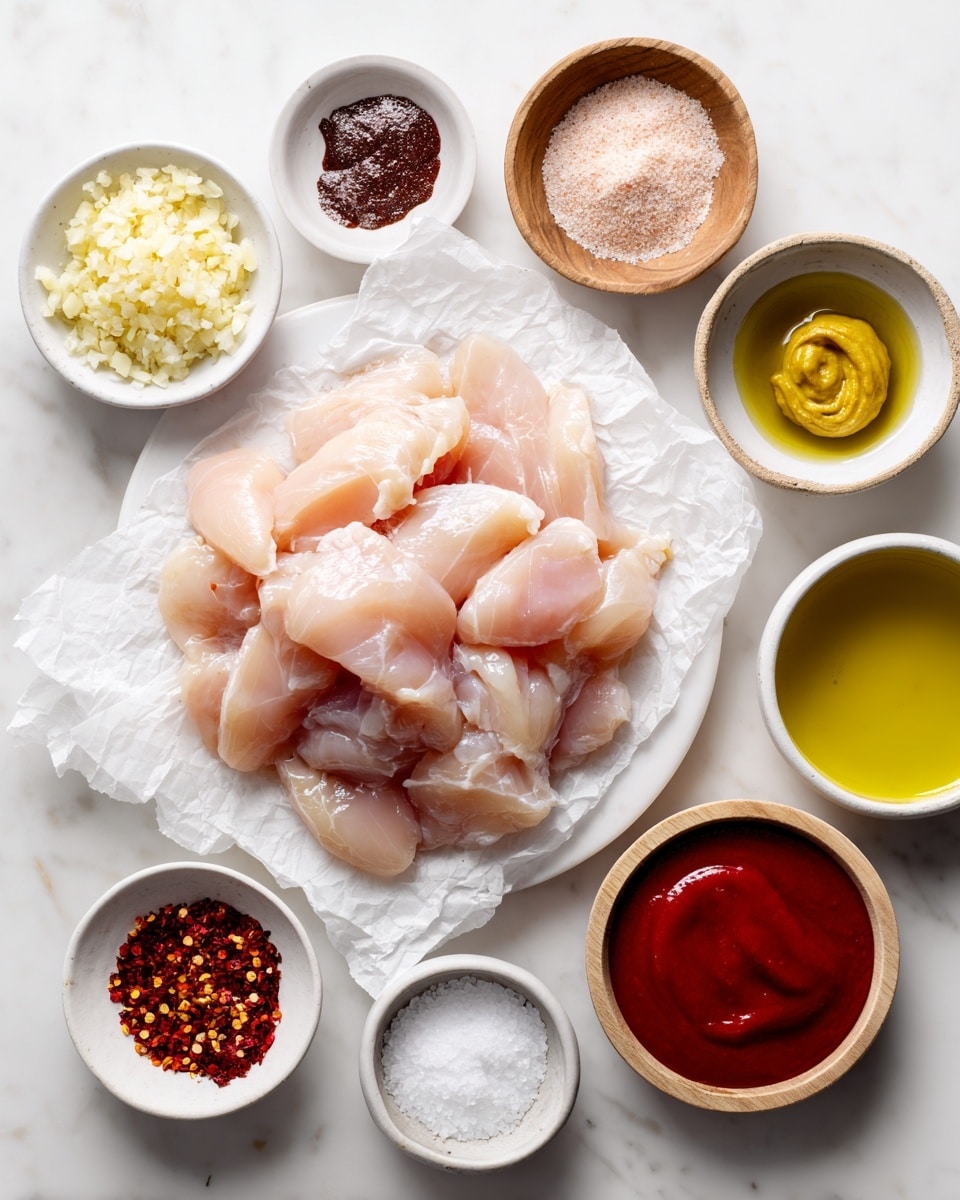 The image shows a flat lay of several cooking ingredients on a white marbled surface, centered around a pile of raw chicken tenderloins placed on a crinkled sheet of white parchment paper. Surrounding the chicken are small white bowls and one wooden bowl, each with different ingredients: finely chopped pale yellow garlic in a small white bowl at top left, a pinkish-beige bowl of onion powder on the top center left, a small white bowl holding dark brown coconut aminos at the top center, a small white bowl with smooth yellow Dijon mustard at the top right, a tiny wooden bowl filled with coarse white salt on the middle right, a white bowl filled with clear golden olive oil at the bottom middle right, a small bowl with crushed red pepper flakes below the chicken, a white bowl with bright red hot sauce at the bottom left, and everything is spaced evenly around the central chicken pieces. The whole scene is brightly lit and clean, creating a fresh cooking preparation look photo taken with an iphone --ar 4:5 --v 7