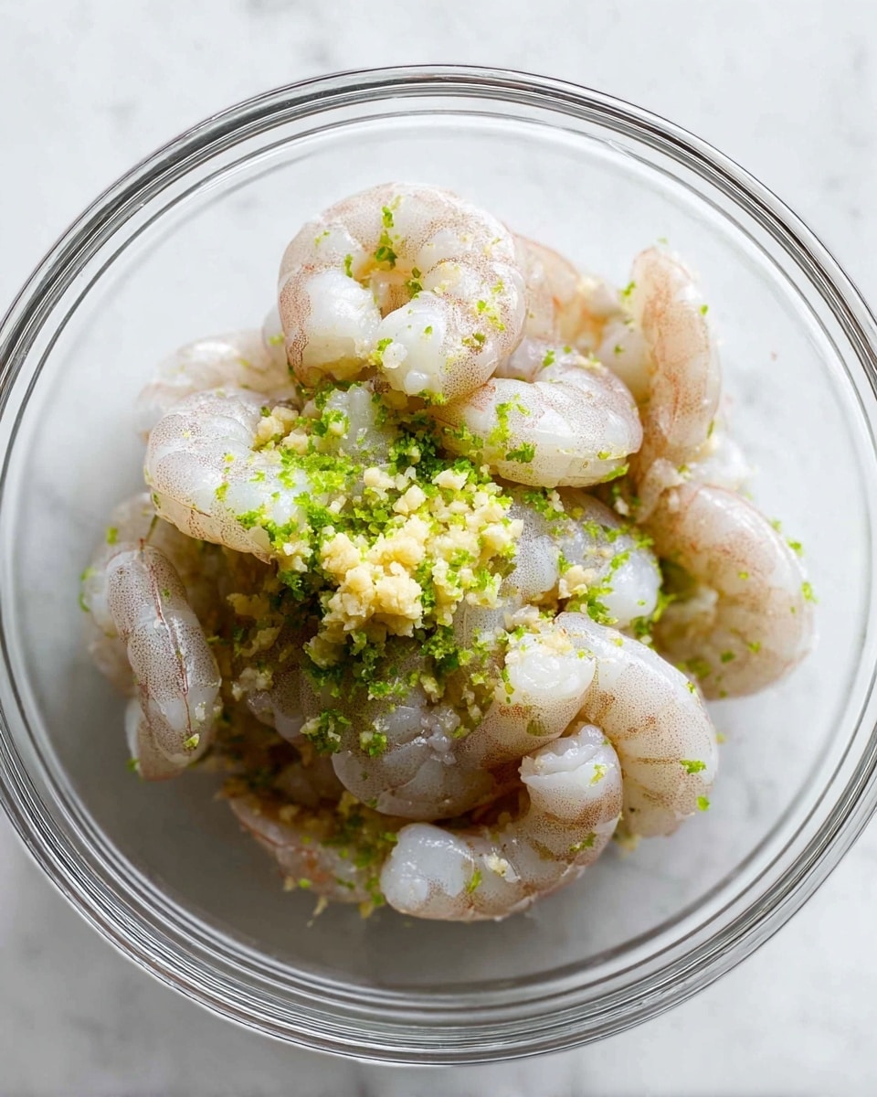 A clear glass bowl sits on a white marbled surface, filled with several layers: the bottom and main layer shows light grayish-pink raw shrimp, slightly translucent with visible veins and tails, arranged loosely around the bowl. On top of the shrimp, there are small pieces of minced garlic, pale yellow in color, and bright green grated lime zest scattered unevenly over the shrimp. The textures contrast between the smooth shrimp and the coarse garlic and zest. The lighting highlights the freshness and slight shine of the shrimp, giving the overall image a clean, fresh look photo taken with an iphone --ar 4:5 --v 7