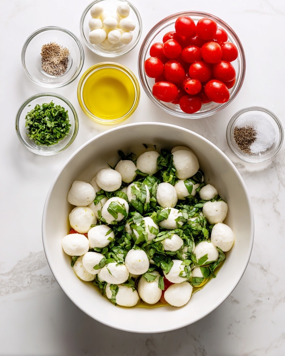 The image shows a white bowl filled with small white mozzarella balls mixed with bright green chopped basil and some golden olive oil at the bottom. Above the bowl, there are six small glass bowls arranged on a white marbled surface: one bowl with red cherry tomatoes, one with white mozzarella balls, one with golden olive oil, one with green chopped basil, one with salt, and one with black pepper. The overall setting is bright and clean, with a simple arrangement on a white marbled surface. photo taken with an iphone --ar 4:5 --v 7