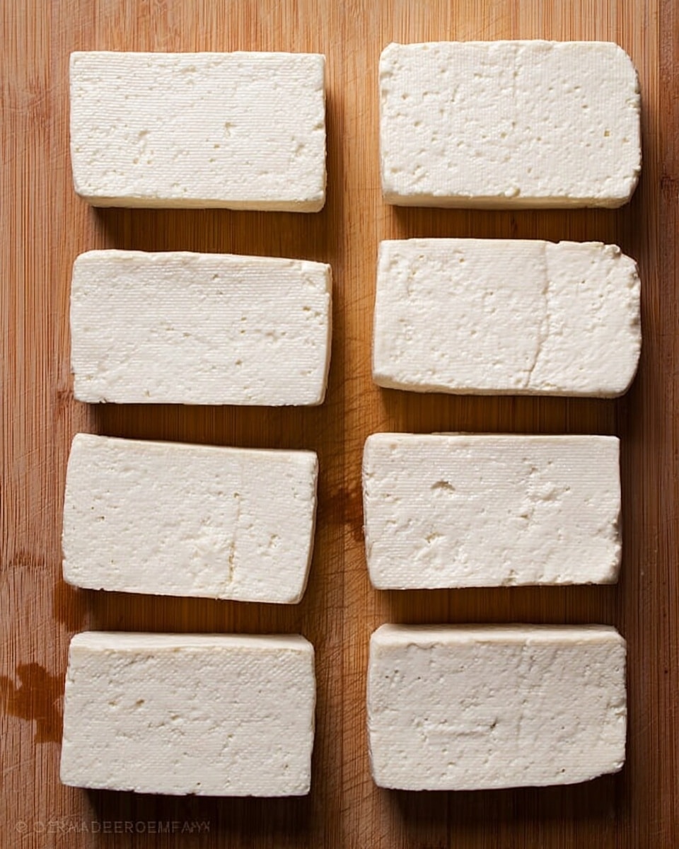 The image shows eight rectangular white tofu blocks arranged in two neat rows on a wooden surface. Each tofu block has a smooth but slightly porous texture with small holes and cracks visible on the surface. The blocks are evenly spaced and have soft edges, displaying a uniform pale color. The wooden cutting board has a warm, light brown tone with natural wood grain patterns and some faint water marks, contrasting with the white tofu. photo taken with an iphone --ar 4:5 --v 7