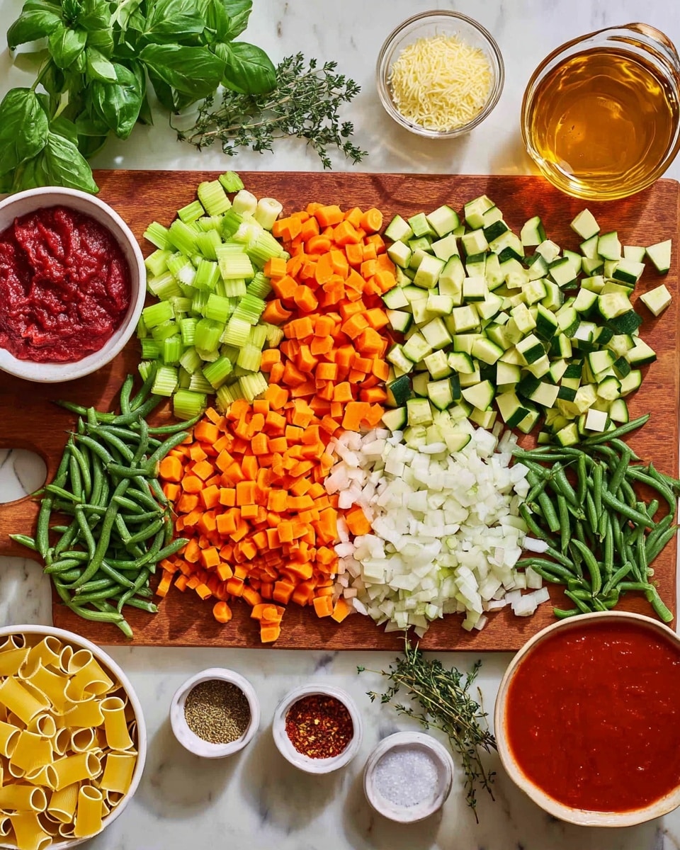 A large wooden board sits on a white marbled surface, filled with neatly chopped vegetables in separate piles: pale green celery in small cubes at top left, bright orange carrot cubes to the right, light green zucchini cubes next to that, and white onion cubes at bottom left. Below the zucchini are fresh green beans cut into short pieces. Fresh herbs like thyme and bay leaf lay near the vegetables, adding green accents. Surrounding the board are small white dishes holding red spices, mixed pepper and salt, grated cheese, and bright red tomato sauce in a white bowl. On the left side are more ingredients: dried small tube pasta in a white bowl, yellow pasta sheets folded on the board, and a clear glass container with amber broth. A bunch of fresh green basil leaves decorates the top left corner. The image focuses on the fresh, colorful ingredients ready to be cooked, photo taken with an iphone --ar 4:5 --v 7
