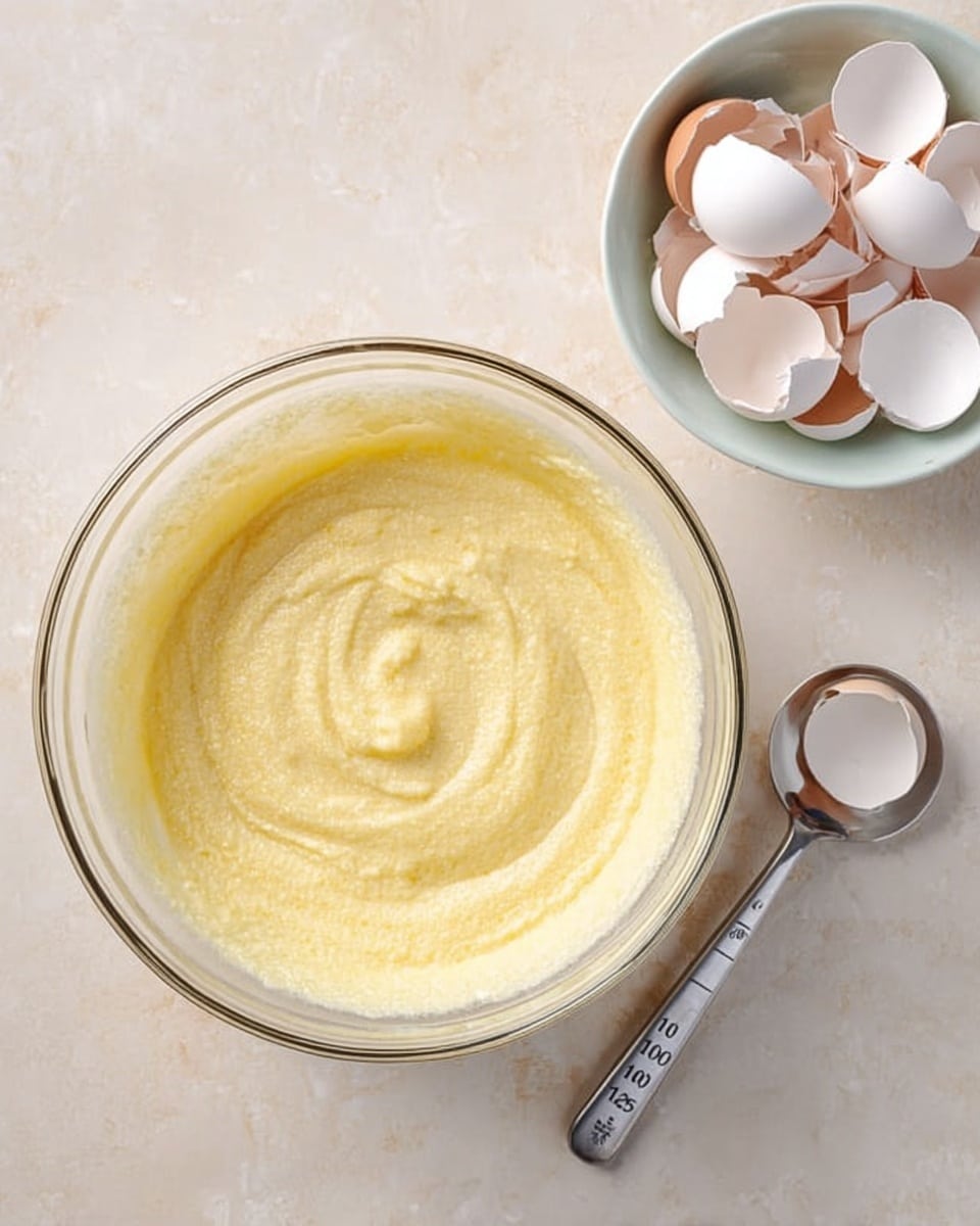 A clear glass bowl filled with pale yellow, creamy batter that has a smooth texture and soft swirls on the surface, sitting on a white marbled texture. To the right, a white bowl holds broken eggshells that are white with a slightly shiny surface. A small white saucer next to the glass bowl contains a silver spoon with measurement markings, resting partly on the saucer's edge. Photo taken with an iphone --ar 4:5 --v 7
