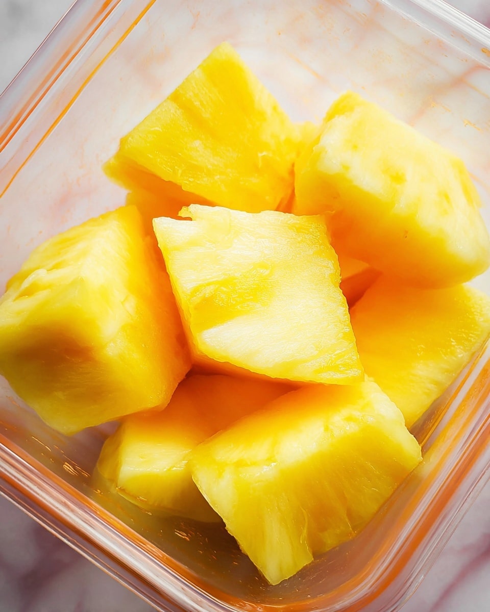 The image shows several chunks of bright yellow pineapple inside a clear container. The pineapple pieces are irregular in shape and appear juicy, with smooth yet slightly fibrous texture. The vibrant yellow color has slight variations, with some parts leaning towards a paler yellow while others are richer and deeper in tone. The close-up shot captures the detail of the pineapple's natural surface and the shiny interior of the container, all set against a subtle white marbled texture in the background. photo taken with an iphone --ar 4:5 --v 7