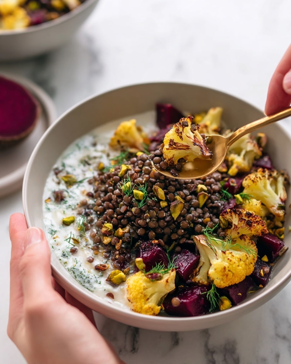 A white bowl filled with a base layer of creamy white yogurt or sauce with green herb specks, topped with a mound of dark brown lentils in the center. Around the lentils are roasted pieces of bright yellow cauliflower and dark red beet cubes. Scattered on top are small green pistachio nuts and green dill sprigs. A woman's hand holds the edge of the bowl while a gold spoon floats above, about to scoop from the dish. The background has a white marbled texture with another bowl blurred in the back and a halved beet visible. Photo taken with an iphone --ar 4:5 --v 7