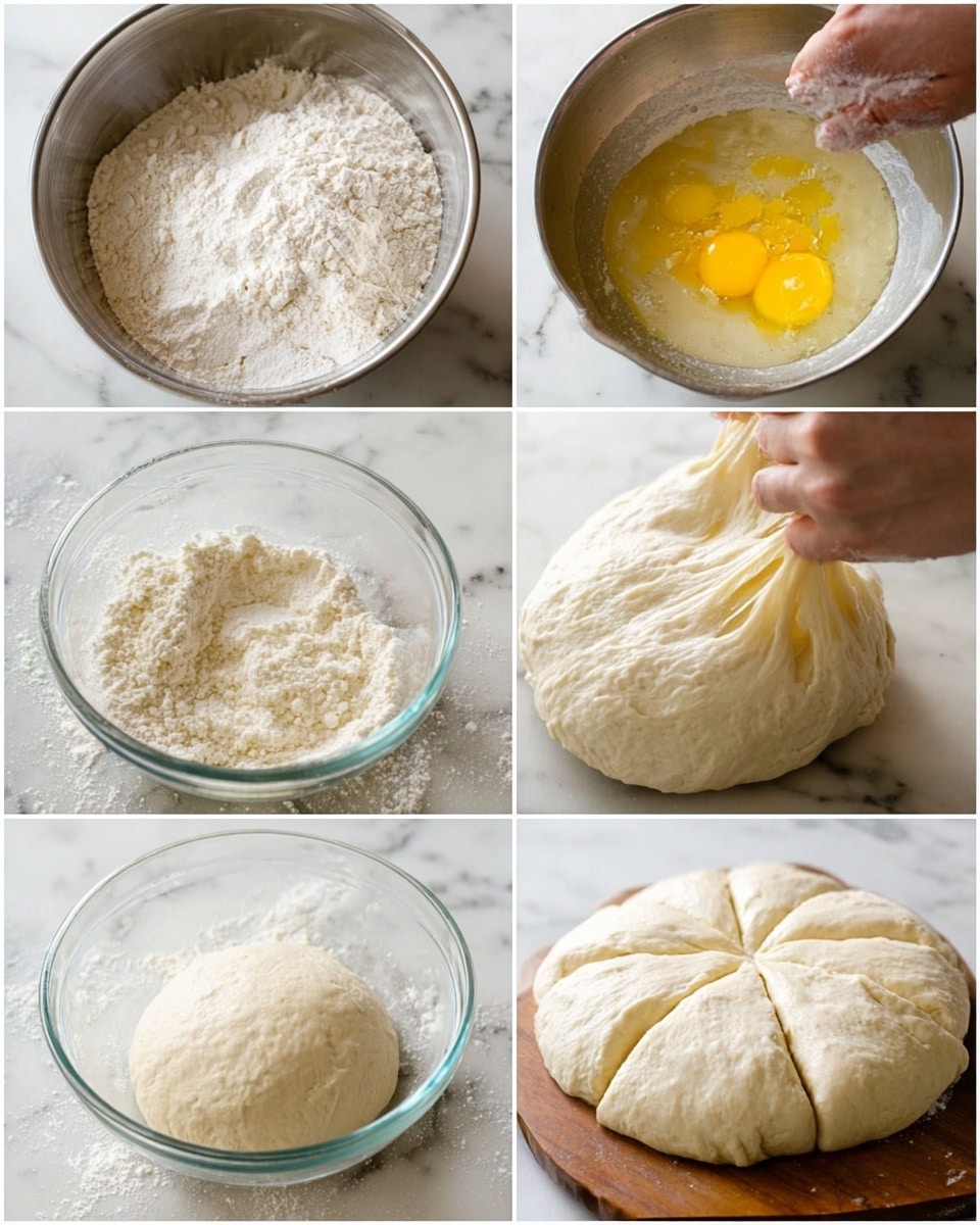The collage shows six steps of bread dough making on a white marbled surface. The first image has dry white flour, sugar, yeast, and salt mixed in a steel bowl. The second image shows water, a yellow egg yolk, and butter added on top of the dry mix. The third image displays a woman's hand stretching the sticky off-white dough inside the steel bowl. The fourth image shows a smooth dough ball resting in a clear glass bowl on a wooden base. The fifth image presents the dough risen and puffed up in the glass bowl. The sixth image shows the dough on the floured white marbled surface, shaped into a round and evenly cut into eight sections, all photographed with soft natural light photo taken with an iphone --ar 4:5 --v 7