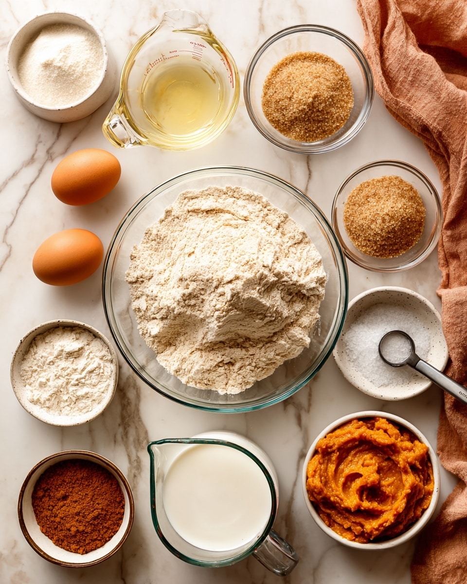 The image shows various baking ingredients arranged on a white marbled surface, each in clear glass or white bowls and measuring cups. In the center, a large clear glass bowl holds a light beige mixture labeled