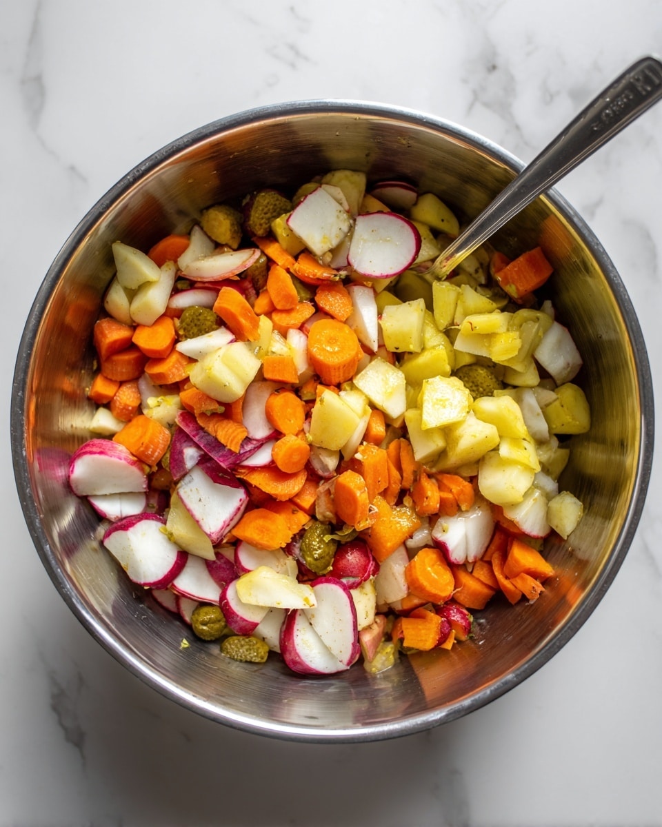 A shiny metal bowl filled with a colorful mix of chopped vegetables and fruits. The bottom layer shows orange carrot pieces, above them is a mix of white and red radish slices that add a sharp contrast. On top and around the sides, there are yellow chunks of what looks like apples or another fruit, and some brownish-green pieces of pickles. A metal spoon is stuck in the bowl ready to stir. The whole setup is on a white marbled surface. Photo taken with an iphone --ar 4:5 --v 7