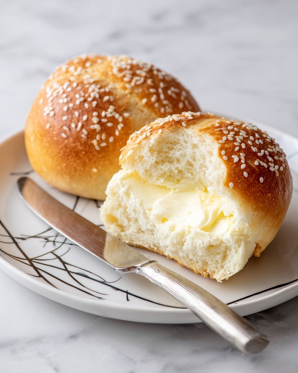 The image shows a sesame seed bread roll cut open with one half spread with smooth, light yellow butter, creating a creamy layer over the soft white inside of the bread. The crust of the roll is golden brown with a textured surface covered in evenly spaced sesame seeds. The bread halves rest on a white plate with black artistic designs. A metallic knife is placed next to the bread on the plate, all set against a white marbled surface. Photo taken with an iphone --ar 4:5 --v 7