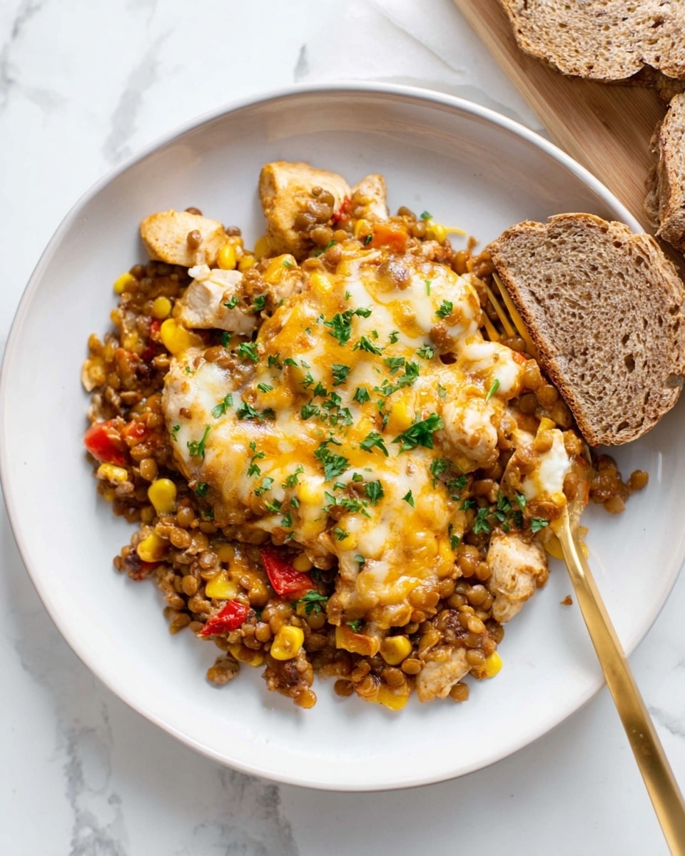 A round white plate holds a colorful dish with three main layers: the base layer is made of cooked lentils mixed with bright yellow corn kernels and pieces of red bell pepper, giving it a speckled look of greenish brown, yellow, and red; on top of that lies a layer of cooked chicken pieces that are light beige and slightly textured; the top layer is melted mixed cheese, golden yellow and white, sprinkled with small green parsley bits. The food looks warm and hearty, and a gold fork rests at the bottom right edge of the plate on a white marbled surface. Two slices of whole grain bread lie to the right of the plate. Photo taken with an iphone --ar 4:5 --v 7