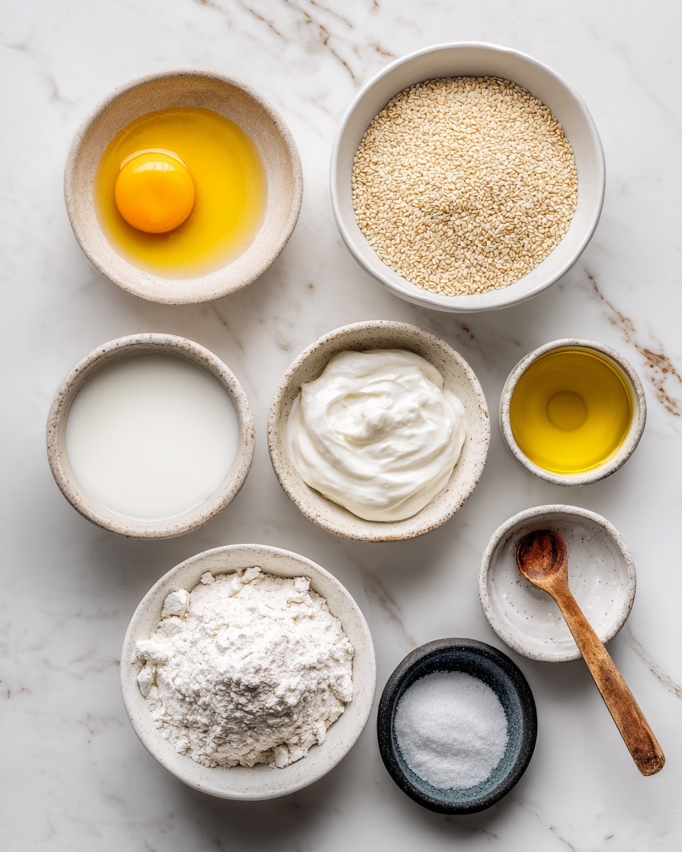 The image shows several white bowls filled with different ingredients on a white marbled surface. Starting from the top left, there is one bowl with a yellow egg yolk and clear egg white. To the right, a small bowl filled with pale beige sesame seeds. Next, a larger bowl with white milk, and below it, a small bowl with golden olive oil. In the center, a bowl filled with thick white yogurt. Near the bottom left, a bowl with white sugar and below it, a bowl of white bread flour with a soft, powdery texture. To the right of the sugar is a dark small bowl with white salt and a small wooden spoon inside. At the bottom right, a bowl with clear water. All bowls are clean and neatly arranged. photo taken with an iphone --ar 4:5 --v 7