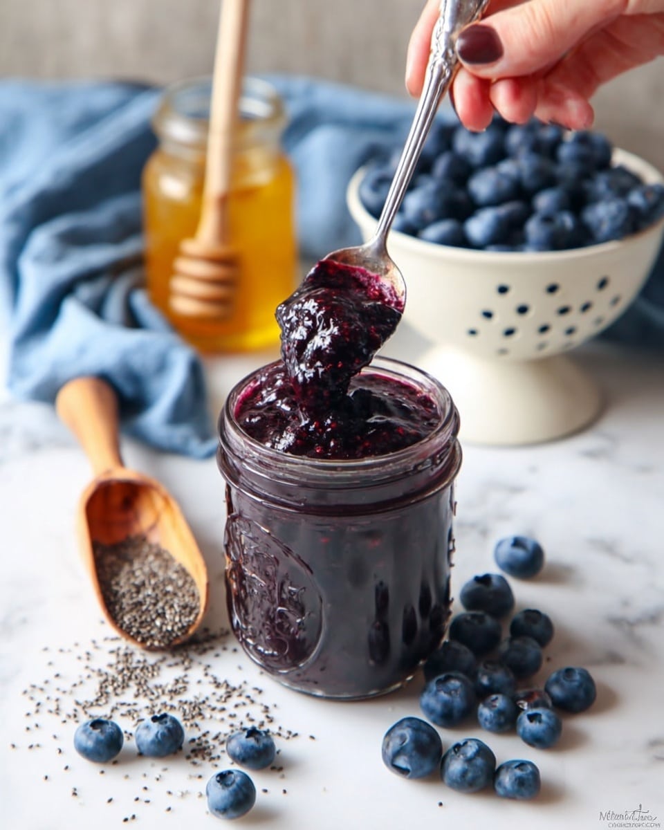 A white plate with two slices of light golden bread stacked, the top slice generously covered with thick, dark purple-blueberry jam that has a shiny, slightly textured surface. Around the plate, there are scattered fresh blueberries and small black chia seeds on a white marbled surface. In the background, there is a glass jar filled with the same dark jam and a jar of golden honey with a wooden dipper, all placed on a soft, blue cloth. A silver butter knife rests diagonally on the plate behind the bread. photo taken with an iphone --ar 4:5 --v 7