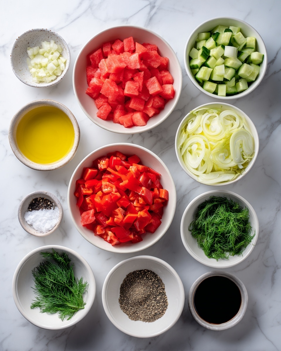The image shows eight white bowls placed on a white marbled surface. The largest bowls contain chopped cucumber with a green and light green color, diced bright red watermelon, and sliced red bell peppers. Medium-sized bowls hold pieces of pale yellow fennel bulb and leaves, and white onion slices. There is a small bowl with green fennel fronds, another small bowl with yellow olive oil, a small bowl with dark balsamic vinegar, and the last small bowl contains white salt and black pepper mixed together. Each bowl is neatly arranged and the ingredients are fresh and colorful. Photo taken with an iphone --ar 4:5 --v 7