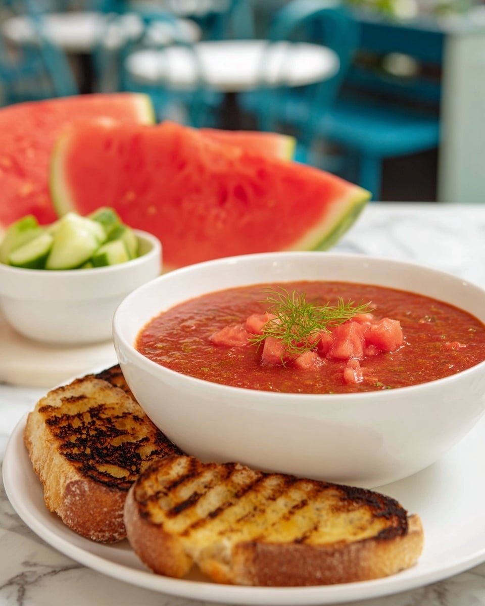 A white bowl filled with a deep red soup topped with small chunks of bright red watermelon and a small green fennel frond on one side. In front of the bowl, there are three pieces of grilled bread with dark grill marks and toasted golden brown edges, placed on a white plate. In the background, there are two large slices of watermelon with bright red flesh and green rinds, along with a small white bowl holding cut green cucumber pieces. All items sit on a white marbled surface with a blurred blue and white room setting behind. Photo taken with an iphone --ar 4:5 --v 7