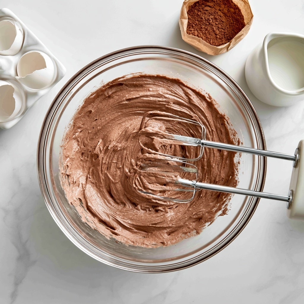 A clear glass bowl holds smooth chocolate batter with a light brown color and a creamy texture, mixed with a hand mixer whose silver beaters rest inside the batter. Around the bowl, on a white marbled surface, there are three cracked white eggshells in a white egg holder on the left, a white pitcher of milk on the right, and a small brown paper bag filled with cocoa powder. The whole setup shows the ingredients for making chocolate cake batter, arranged neatly and clearly visible. photo taken with an iphone --ar 4:5 --v 7
