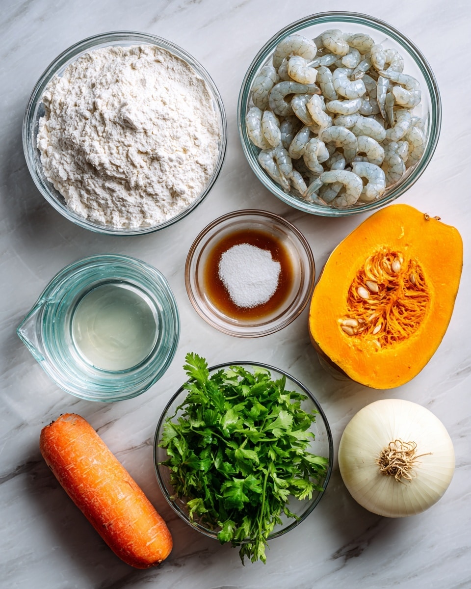 The image shows eight ingredients for okoy, laid out neatly on a white marbled surface. At the top left, there is a clear round bowl filled with white rice flour. To its right, another clear bowl contains raw shrimp that are light gray and small. Below these, on the left, there is a glass measuring cup with clear water and next to it a small glass bowl with light brown fish sauce. To the left bottom is a small clear bowl with white baking powder, and next to it, a glass bowl holds fresh bright green cilantro leaves. On the right side, from top to bottom, there is a whole round white onion, a half piece of orange squash with seeds in the middle, and a whole orange carrot placed diagonally. Each ingredient is labeled clearly with black text on a white background. The photo is taken with an iphone --ar 4:5 --v 7