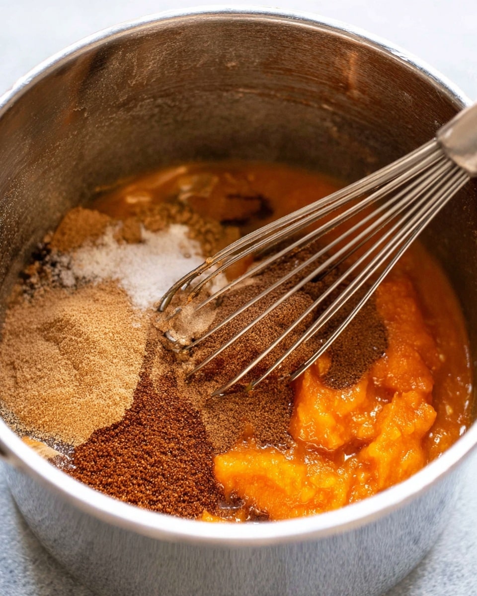 A close-up view inside a silver metal pot shows several layers of ingredients being mixed. At the bottom and sides, there is a bright orange, soft textured layer that looks like pumpkin puree. On top of this, there are brown powdery spices scattered, along with some light brown granular sugar to the left. A silver wire whisk is partially inside the pot, blending these layers together. The scene has a simple, clear look, with the shiny metal pot reflecting light. The photo was taken with an iphone --ar 4:5 --v 7