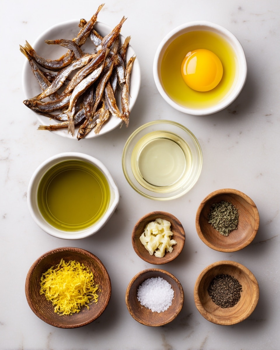 The image shows eight small containers arranged neatly on a white marbled surface. At the top left, a white bowl holds several brown anchovy fillets with a slightly shiny texture. To its right, another white bowl contains a single raw egg yolk, bright yellow and smooth. Below the anchovies, a white bowl is filled with greenish-golden olive oil, smooth and reflective. Next to it, a clear small cup holds pale yellow lemon juice. Below these, four small round wooden bowls sit in a row: the first has a dollop of smooth yellow mustard, the second is filled with chopped light beige garlic pieces, the third contains bright yellow lemon zest with a coarse texture, and the last one holds coarse white salt next to a wooden bowl with ground black pepper. Each item is clearly separated and easy to identify, photo taken with an iphone --ar 4:5 --v 7