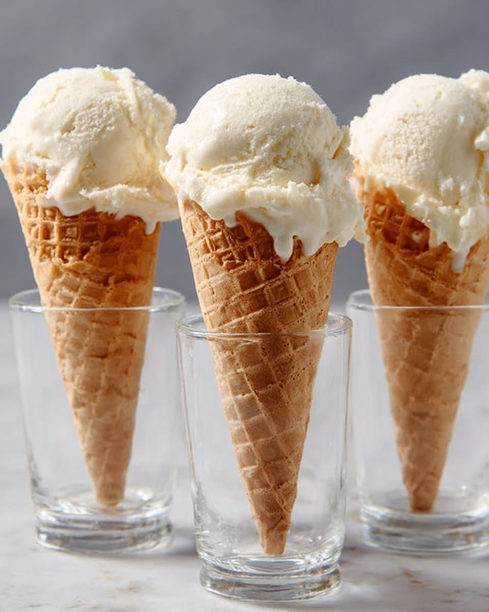 Three ice cream cones stand in a clear glass, each filled with a single scoop of smooth, creamy white ice cream on top. The cone has a light brown waffle pattern with a crisp texture, and the ice cream slightly melts over the edge in places, creating soft drips. The cones are set against a white marbled surface, with the lighting highlighting the cold, soft texture of the ice cream and the crispiness of the cones. photo taken with an iphone --ar 4:5 --v 7