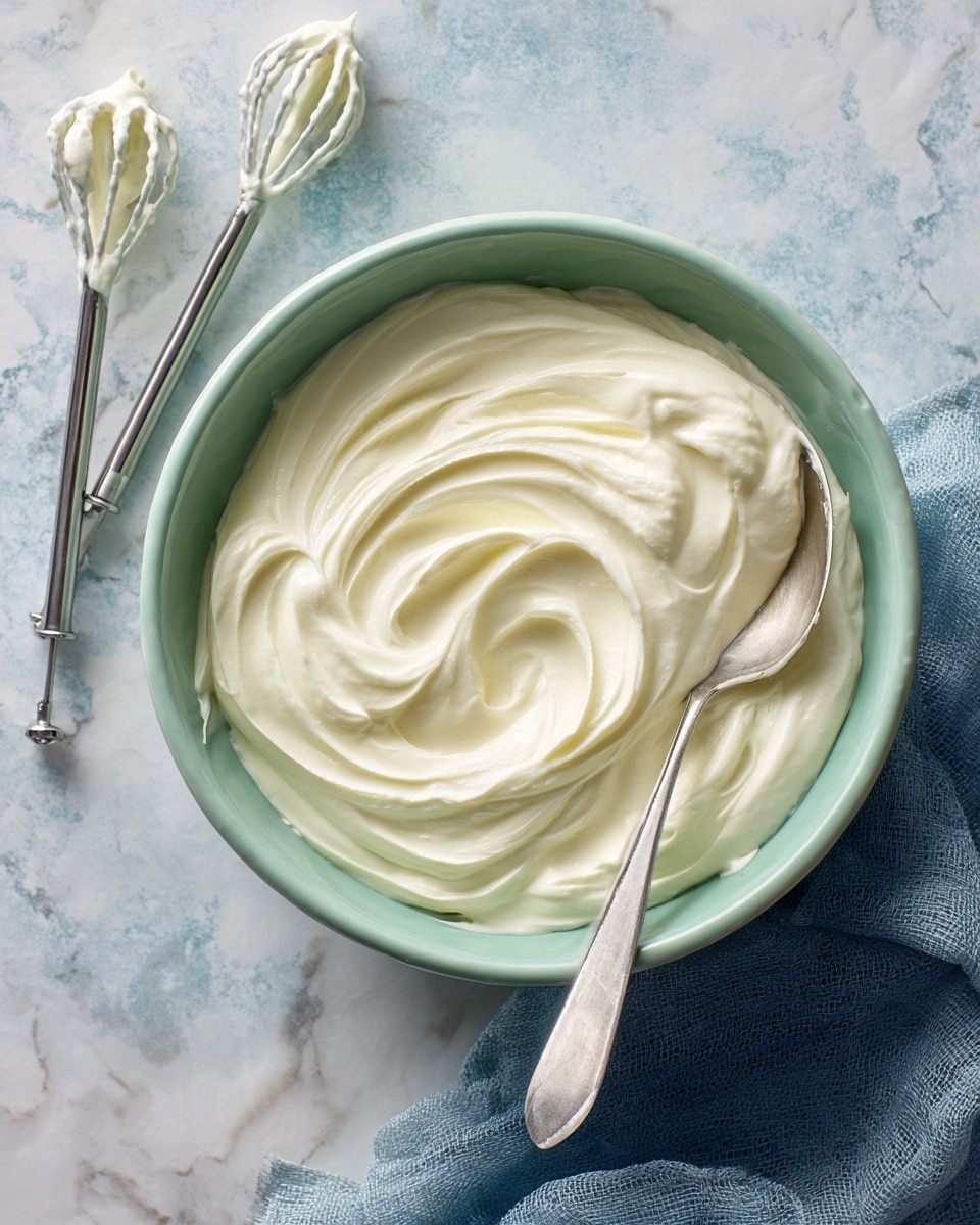 A green bowl filled with thick, smooth white cream that has swirling patterns on its surface, a silver spoon resting inside on the right side. Near the bowl, there are two metal beaters covered with the same white cream, lying on a white marbled surface. A blue cloth is placed next to the bowl on the bottom right. The light is soft, highlighting the creamy texture and shiny spoon photo taken with an iphone --ar 4:5 --v 7