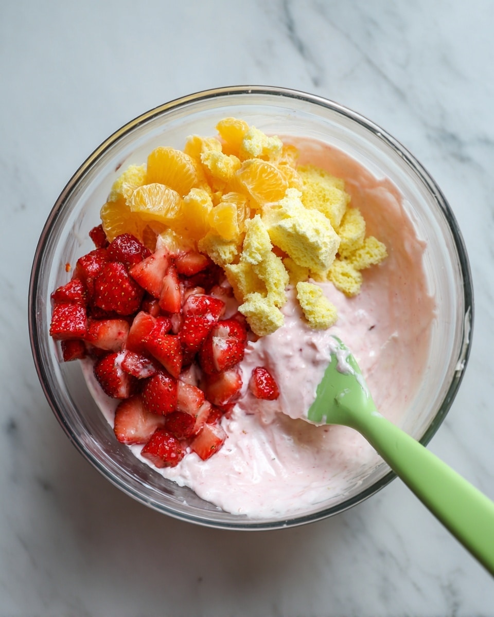 A clear glass bowl contains three main layers of ingredients. The bottom layer is a light pink, creamy mixture with a soft texture filling most of the bowl. On top of this, one side is piled with chopped red strawberries showing their juicy, slightly shiny surface. Next to the strawberries, another section is filled with bright yellow-orange mandarin slices and small pieces of yellow sponge cake, creating a contrast of colors and textures. A green spatula is resting on the right side of the bowl, partially covered in the pink mixture. The bowl is placed on a white marbled surface. photo taken with an iphone --ar 4:5 --v 7
