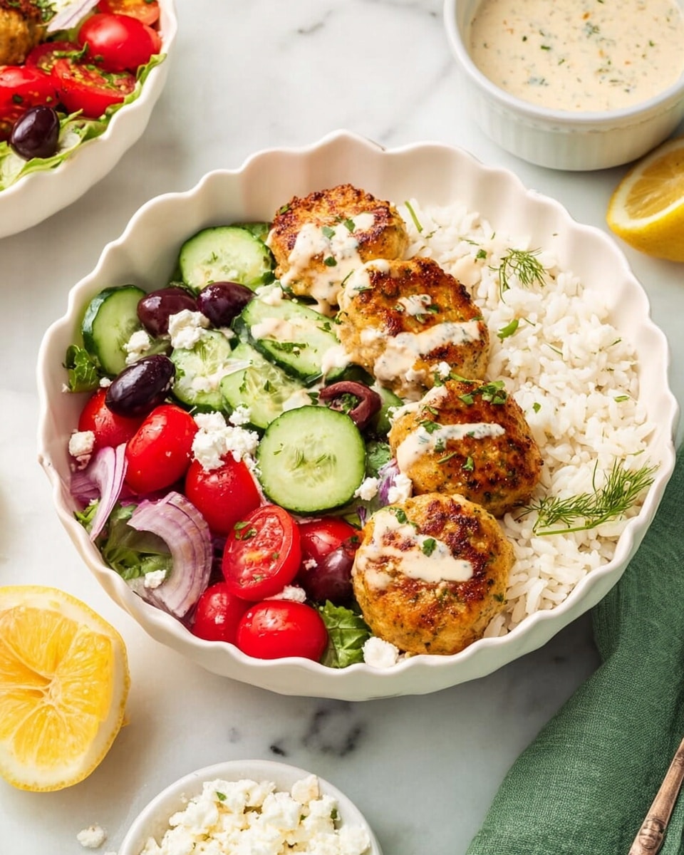 A white scalloped bowl holds a dish with three main layers: a bed of white rice on the right side, golden brown round patties with a light sauce drizzled on top above the rice, and a fresh salad on the left. The salad contains bright red cherry tomatoes, sliced green cucumbers, dark purple olives, and crumbled white cheese, with a lemon wedge tucked in the corner. The bowl sits on a white marbled surface with a green cloth nearby and small bowls of white sauce and crumbled cheese partially visible. Photo taken with an iphone --ar 4:5 --v 7