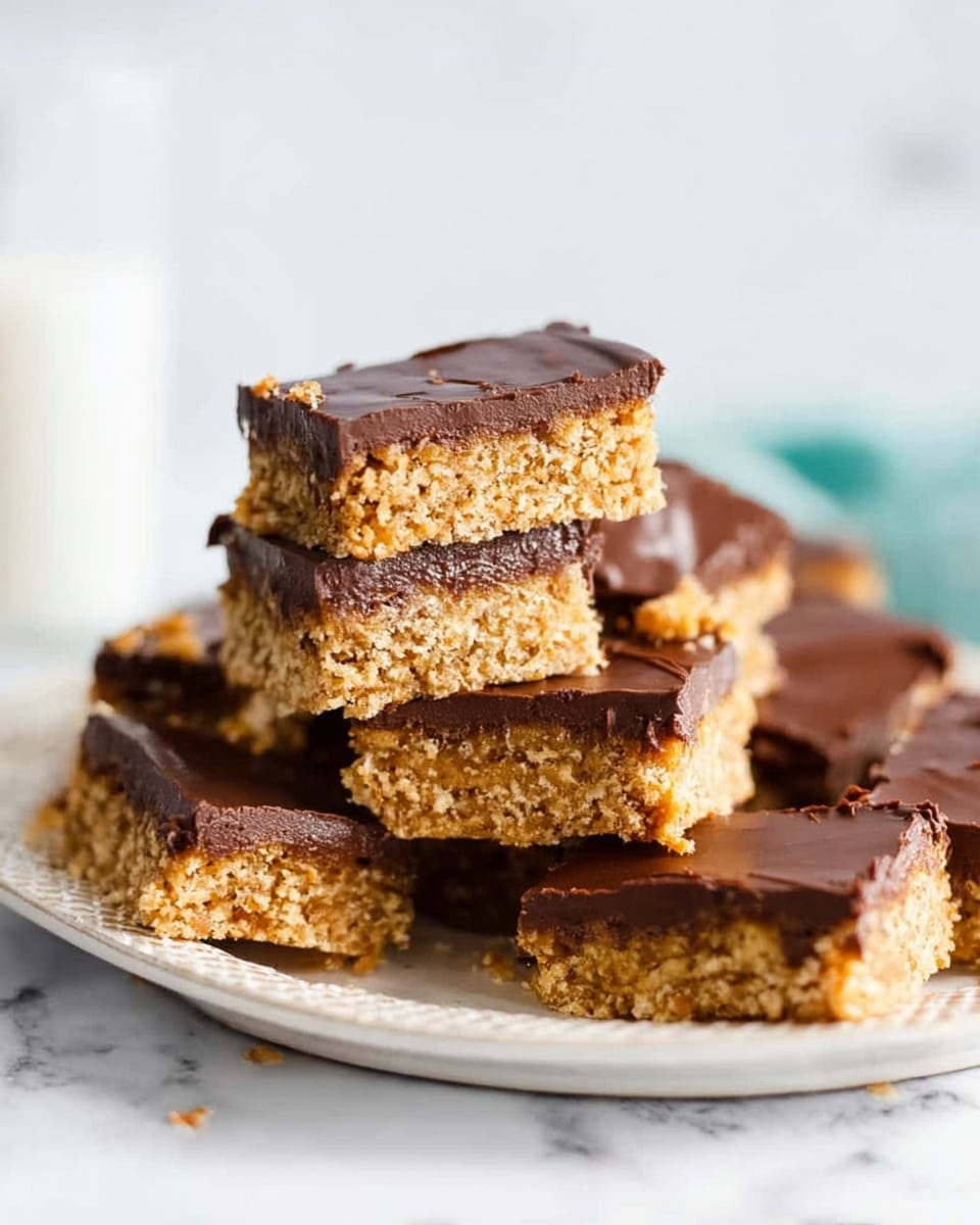 A rectangular chocolate-topped dessert is placed on a white marbled surface, divided into 15 evenly sized square pieces. The bottom layer is golden brown with a rough texture, and the top layer is a smooth, dark chocolate spread that slightly wrinkles. The edges show some cracks and unevenness, adding a rustic look, with a few scattered chocolate chips nearby. Photo taken with an iphone --ar 4:5 --v 7