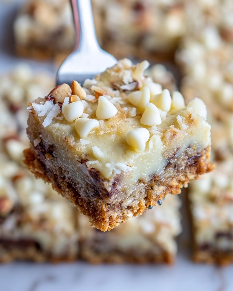 A close-up view of a square bar showing three main layers: the bottom layer is a golden-brown crispy base, the middle layer is creamy and gooey with a smooth, slightly shiny texture, and the top layer is sprinkled with white chocolate chips and pale yellow nuts along with shredded coconut pieces, giving a mix of soft and crunchy textures. The bar is held by a white fork against a blurred white marbled surface in the background, with more similar bars visible out of focus. Photo taken with an iphone --ar 4:5 --v 7