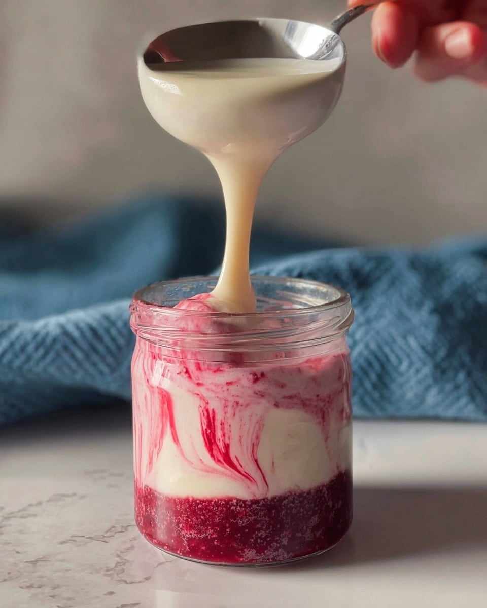 A clear jar sits on a white marbled surface, filled with three layers: the bottom is a deep red layer with a slightly chunky texture, the middle layer is a light pink creamy mousse with swirls of the deep red running through it, and the top is a smooth pale creamy sauce being poured from a white bowl by a woman's hand holding a shiny spoon. The background is out of focus but shows a blue textured cloth. Photo taken with an iphone --ar 4:5 --v 7
