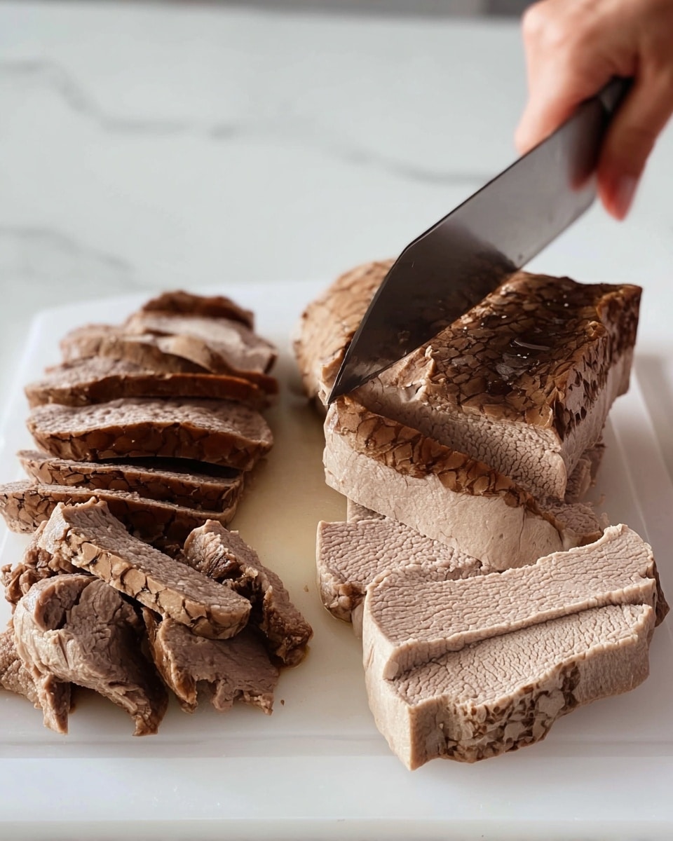 A close-up image of a pile of cooked, brownish-gray sliced meat on a white cutting board placed on a white marbled surface. The meat is stacked in two groups: on the left, thin flat slices lie in a small pile showing textured, grainy inside surfaces, while on the right, thicker, block-like pieces with a spongy, patterned texture are neatly stacked with one piece being sliced further. A woman's hand holds the meat steady near the top edge while a large knife slices it from above, cutting through the thicker block. The knife blade is shiny and reflects light, pointing diagonally from lower right to upper left. Photo taken with an iphone --ar 4:5 --v 7