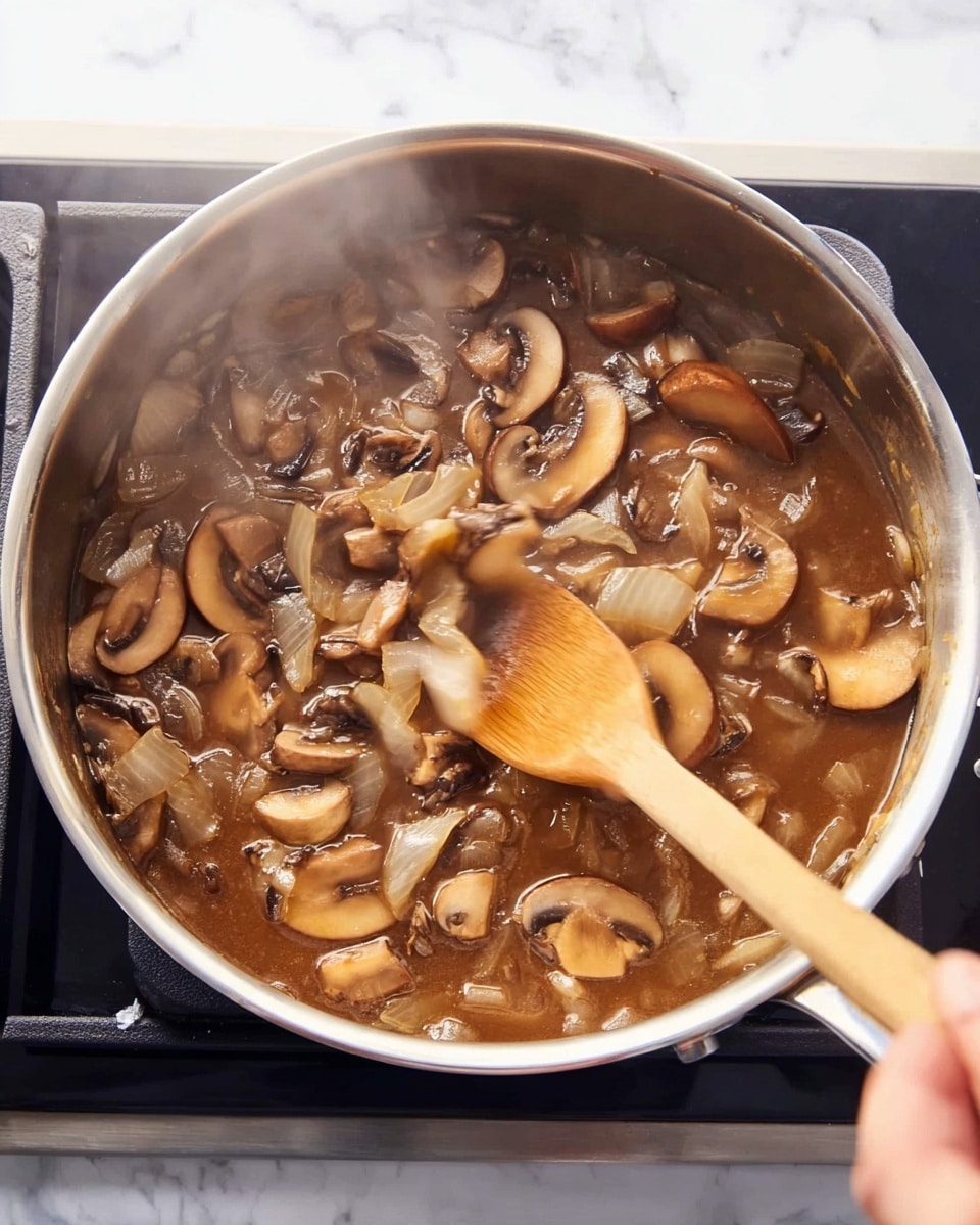 A close-up view of a silver pot on a stove with a shiny, reflective surface containing a simmering mix of brown sauce, sliced light to dark brown mushrooms, and small chunks of translucent cooked onions. A wooden spoon is stirring the mixture, held by a woman's hand visible on the right side. The sauce looks thick and glossy, with steam lightly rising. The background has a white marbled texture. photo taken with an iphone --ar 4:5 --v 7