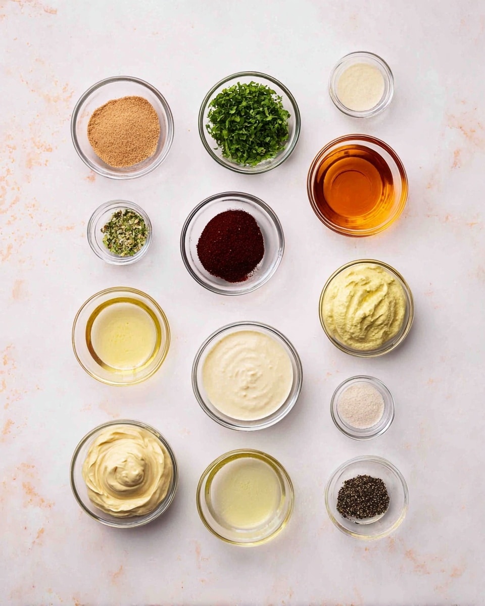 The image shows eleven small glass bowls arranged in a loose grid on a white marbled surface, each holding a different ingredient. Starting from the top left, there is a bowl with brownish powder, next to it is green chopped herbs, then a bowl with dark red powder, and an amber liquid in the top right. In the middle row from left, there is a bowl with a creamy white sauce, followed by a yellow mustard-like sauce, a light yellow thick paste, and a beige paste. The bottom row has a small bowl with a pale yellow liquid, a clear liquid in the middle, and black pepper powder in the last bowl on the right. Photo taken with an iphone --ar 4:5 --v 7