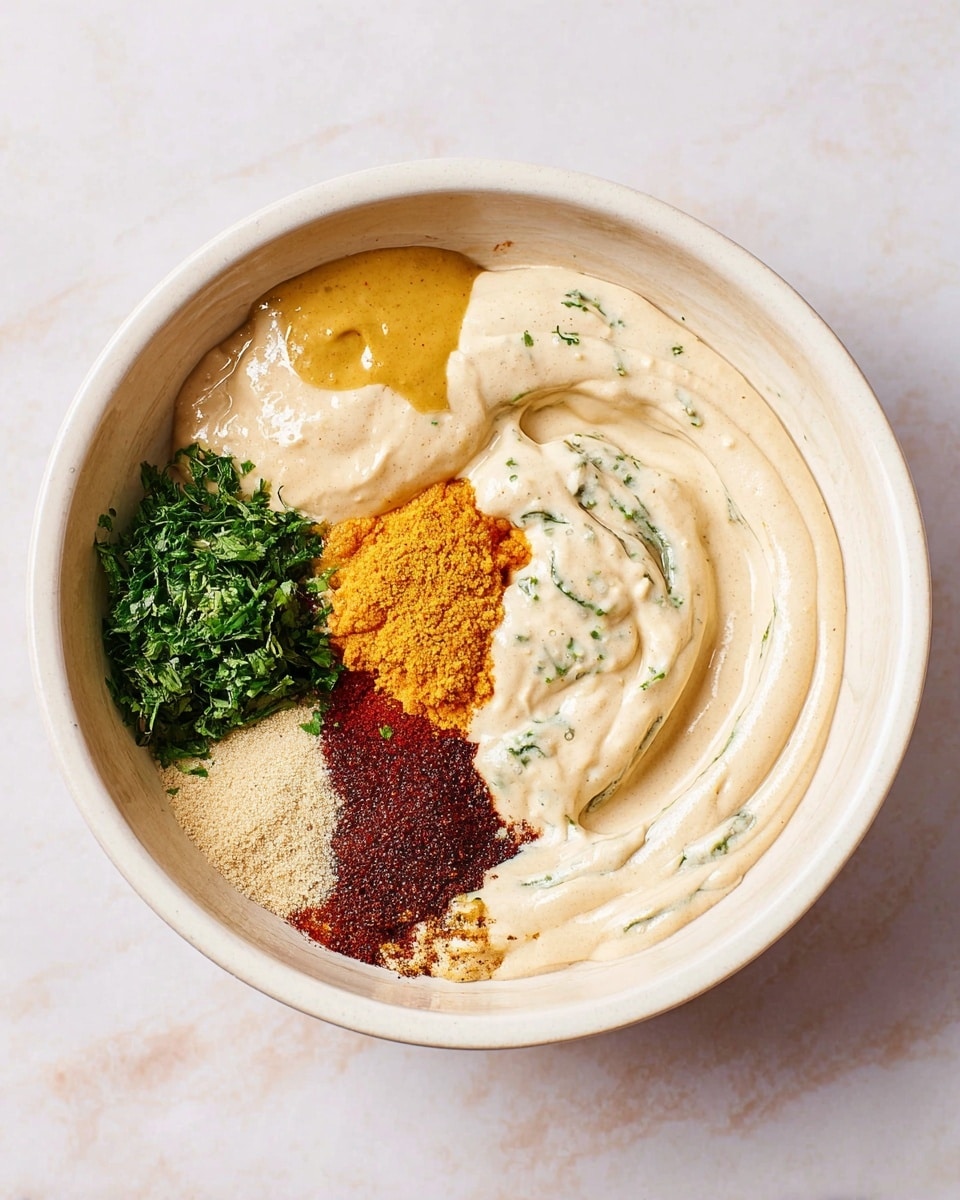 A single white bowl with several layers of ingredients before mixing, arranged in a circle: a large dollop of thick white cream forms the base, a pale yellow mustard sauce sits on top left, bright green chopped herbs placed adjacent, next to a mix of light tan minced paste, vibrant orange liquid, a scoop of minced yellow, dark reddish-brown powder below the herbs, light brown powder near the bottom right, and a small patch of black ground spice near bottom left. The second image shows the same white bowl with the ingredients fully mixed into a smooth, creamy light tan sauce with tiny green flecks, swirled evenly on the surface, all set on a white marbled texture photo taken with an iphone --ar 4:5 --v 7