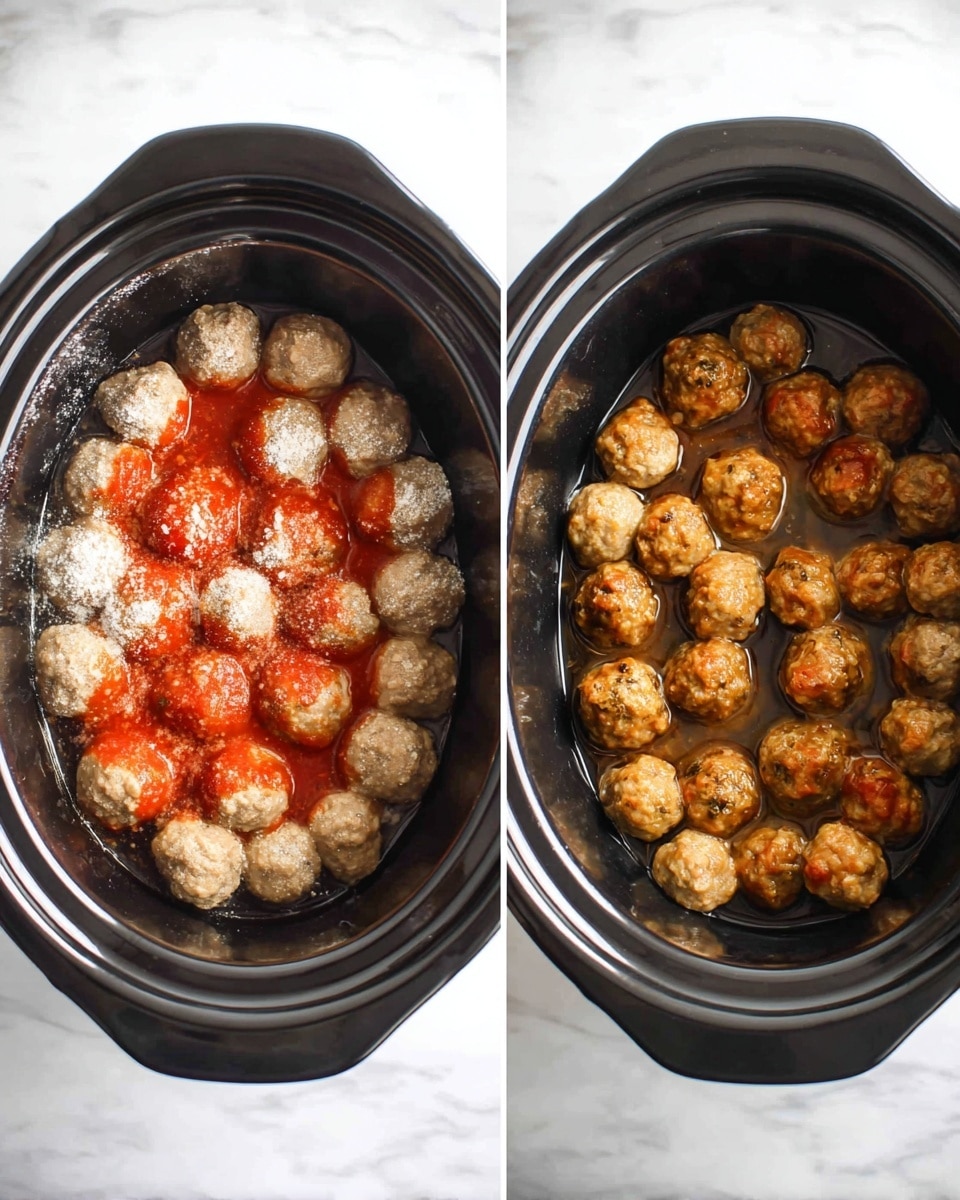The image shows two oval black slow cookers side by side on a white marbled surface. The left slow cooker contains light beige meatballs covered with a layer of bright red sauce with some sprinkled white powder on top. The right slow cooker has similar beige meatballs but now cooked to a golden brown color, with a shiny sauce coating many of them. The smooth black interior of the cookers contrasts with the round textured meatballs inside photo taken with an iphone --ar 4:5 --v 7
