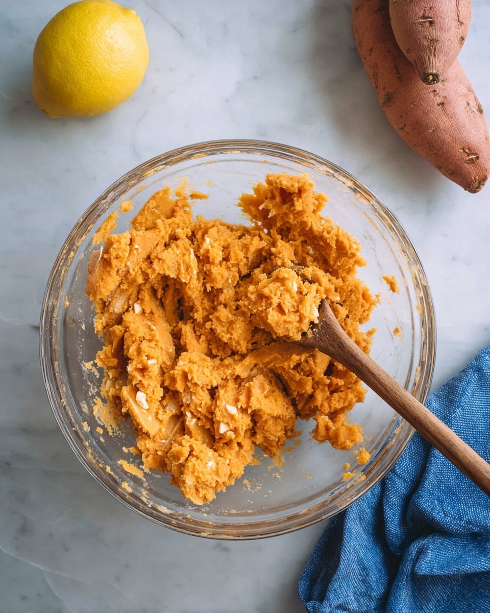 A clear glass bowl sits on a white marbled surface, filled with a rough, chunky mixture of mashed orange sweet potatoes. The mixture shows some white bits, suggesting added ingredients, and has a soft, slightly crumbly texture. A wooden spoon with a simple design is placed inside the bowl, partially submerged in the mixture. Nearby on the surface, there is a whole yellow lemon and two unpeeled orange sweet potatoes, alongside a folded blue cloth. The scene is well lit with natural light. photo taken with an iphone --ar 4:5 --v 7