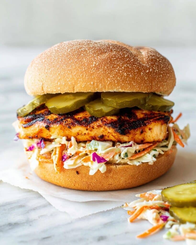 Grilled Spicy Chicken Sandwich with Pickles and Slaw Recipe