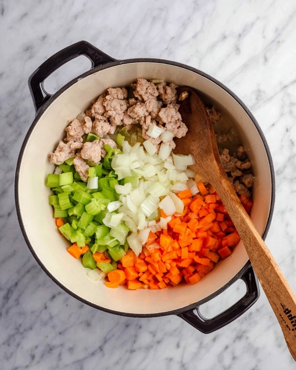 A white pot with black handles sits on a white marbled surface, filled with four main layers of ingredients. On the bottom left, there are small pieces of cooked meat in light brown color. To the left side above the meat, there are chopped green celery pieces with a firm texture. In the central layer, there are chopped white onions with a slightly translucent look. On the right side, there are bright orange chopped carrot slices with a smooth surface. A wooden spoon with a long handle is resting inside the pot, mixing the ingredients together. Photo taken with an iphone --ar 4:5 --v 7