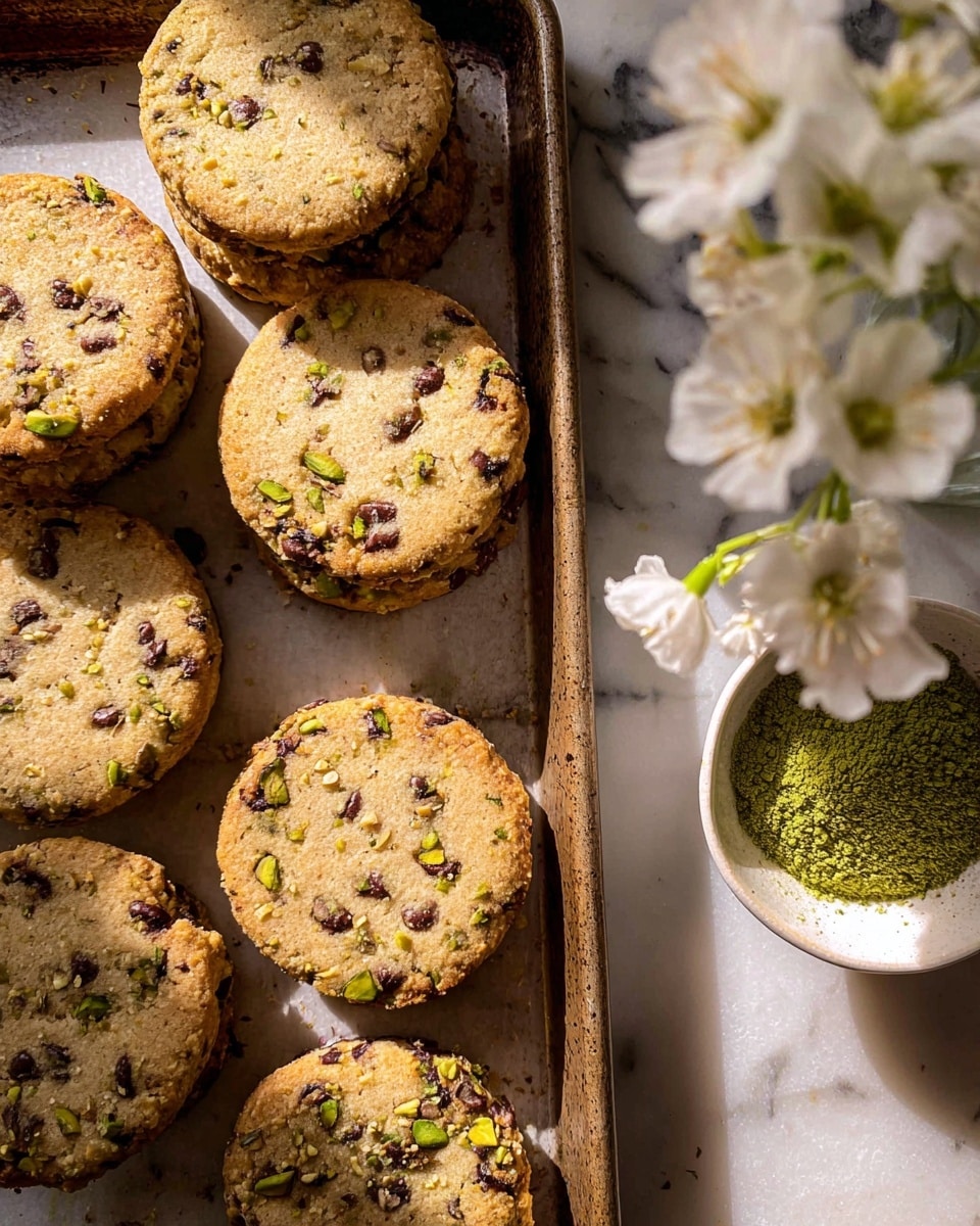 The image shows a baking tray with several round cookies placed on it, each cookie is light brown with small dark chocolate chips and bits of green pistachio mixed throughout, giving them a speckled look. The cookies vary slightly in thickness and have a rough, homemade texture. On the right side of the tray, there are delicate white flowers, and a white bowl with a green powder, possibly matcha, sits next to the flowers on a white marbled surface. The lighting casts soft shadows, highlighting the texture of the cookies and the freshness of the flowers. photo taken with an iphone --ar 4:5 --v 7