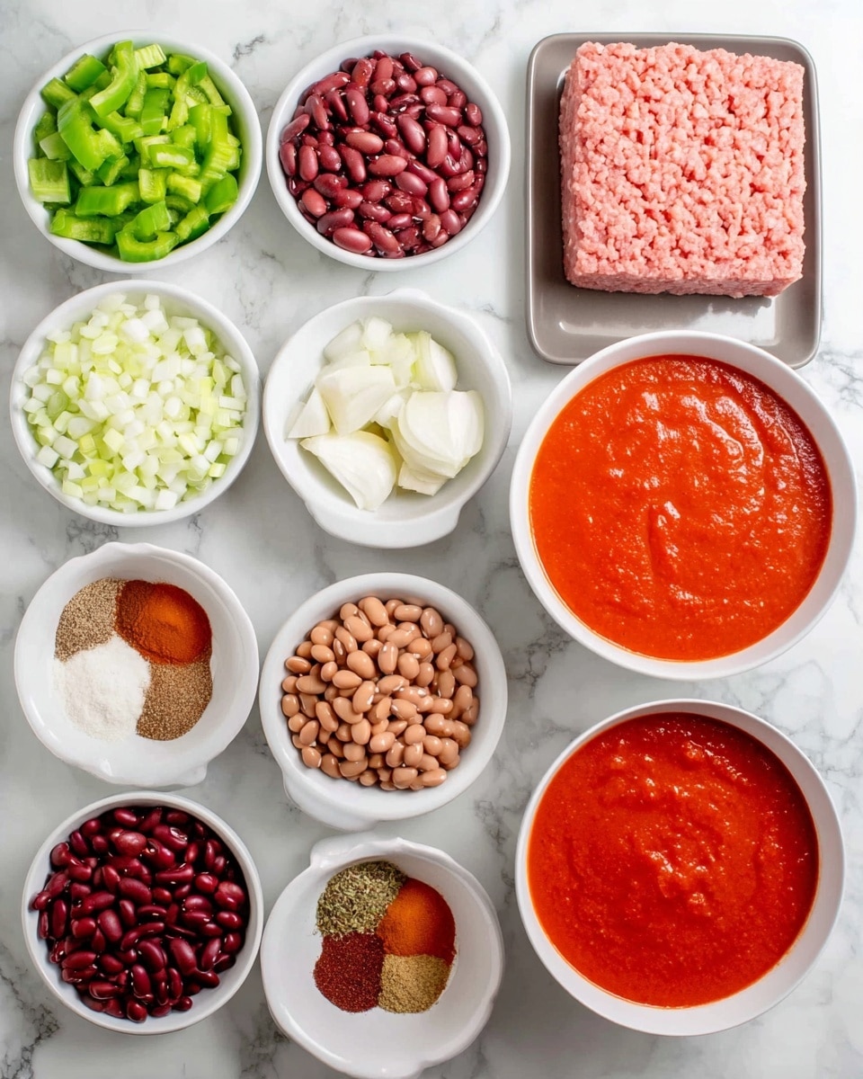 The image shows several small bowls arranged neatly on a white marbled surface, each bowl holding separate ingredients. There are two large bowls filled with smooth, bright red tomato sauce while smaller white bowls contain chopped white onions, green bell peppers, light brown beans, dark red kidney beans, diced celery, and a mix of different ground spices including paprika, garlic powder, oregano, salt, and pepper. A rectangular tray holds a block of pale pink ground meat. The different colors and textures of the ingredients create a fresh and organized layout. photo taken with an iphone --ar 4:5 --v 7