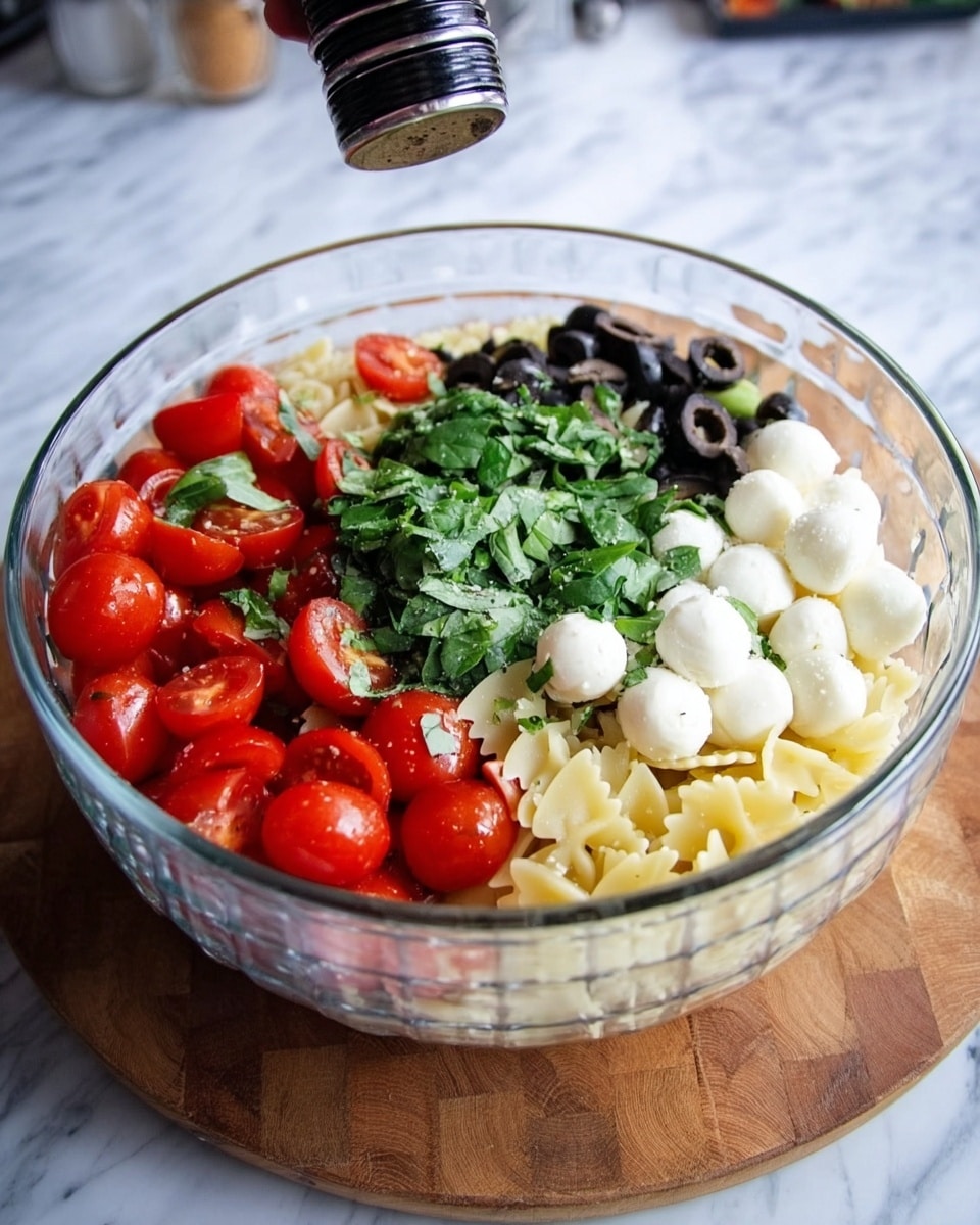 A clear glass bowl sits on a wooden board against a white marbled surface, filled with layers of fresh salad ingredients: bright red halved cherry tomatoes on one side, small white mozzarella balls on the opposite side, and black sliced olives beneath a pile of finely chopped green basil leaves in the center. Underneath, pale yellow bow tie pasta forms the base, visible through the other ingredients. To the left, a woman's hand holds a pepper grinder above the bowl as if about to season the salad. Photo taken with an iphone --ar 4:5 --v 7