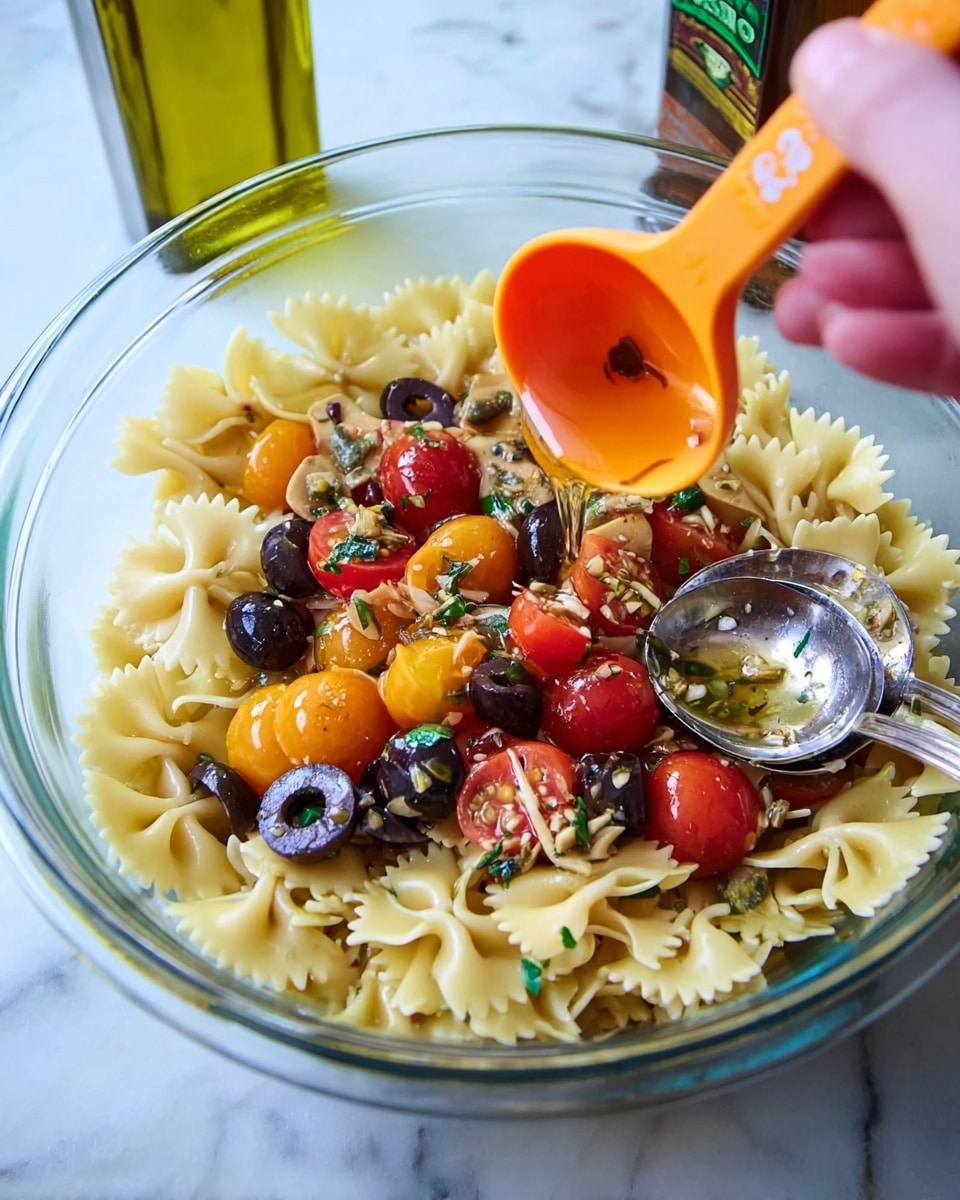 A clear glass bowl filled with three-layered pasta salad sits on a white marbled surface. The bottom layer is light yellow bow-tie pasta, with smooth, slightly curled edges. On top of the pasta is a mix of halved cherry tomatoes in bright red and orange, and black olives that have a shiny texture. Scattered around are small green pieces, likely chopped herbs. A woman's hand holds an orange measuring spoon above the bowl, pouring a light yellow liquid over the salad. A silver spoon rests on the right side inside the bowl, and a bottle of olive oil is in the background. Photo taken with an iphone --ar 4:5 --v 7