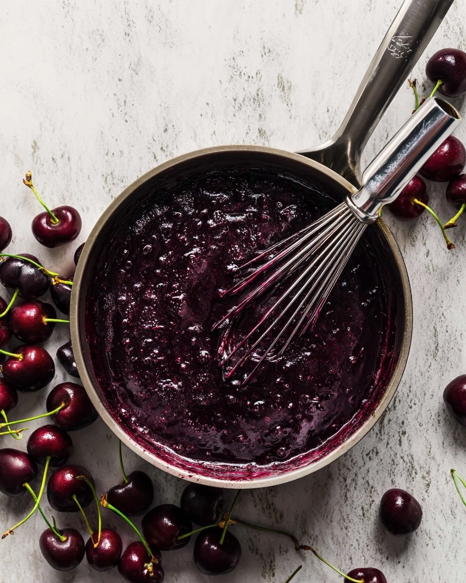 A light gray metal pan filled with thick, dark purple berry sauce with a slightly chunky texture is shown from above. Inside the pan, a metal masher with a shiny surface is placed, partially covered in the same deep purple sauce. Around the pan, fresh dark cherries with green stems are scattered. The pan rests on a white marbled surface. photo taken with an iphone --ar 4:5 --v 7