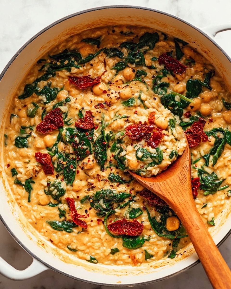 In a white deep pan, a creamy risotto dish is shown with three main layers: the base is a thick, light orange creamy rice with small round chickpeas mixed throughout; the middle layer has fresh, dark green spinach leaves that are wilted and spread evenly over the rice; the top layer includes bright red sun-dried tomato pieces scattered across the dish, with a sprinkling of black pepper flakes on top. A wooden spoon is lifting some of the risotto, revealing the thick texture and mix of ingredients against the white marbled background. Photo taken with an iphone --ar 4:5 --v 7