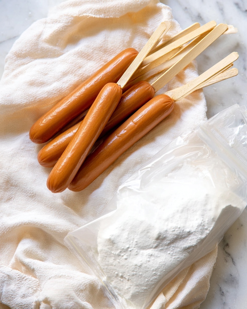 There are six smooth, shiny light brown sausages on light wooden sticks, lying on a soft, white cloth that looks a bit wrinkled and textured. On the right side of the image, there is a clear plastic bag filled with white powder, leaning on the cloth. The background is a white marbled texture. Photo taken with an iphone --ar 4:5 --v 7
