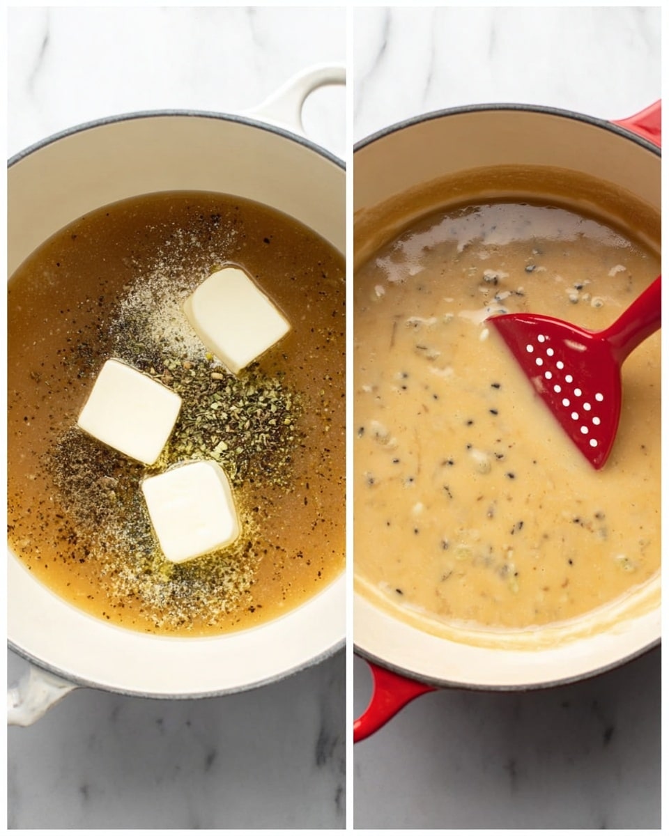 The image shows two side-by-side views of a white pot on a white marbled surface. On the left side, the pot contains a light brown liquid mixture with three white butter cubes melting on top and some black and green seasoning sprinkled in the center, while a pale yellow liquid is being poured in from the top left corner. On the right side, the pot holds a creamy, smooth light brown sauce filled with small black seasoning bits, and a red spatula with large white dots rests inside the pot on the right edge. photo taken with an iphone --ar 4:5 --v 7
