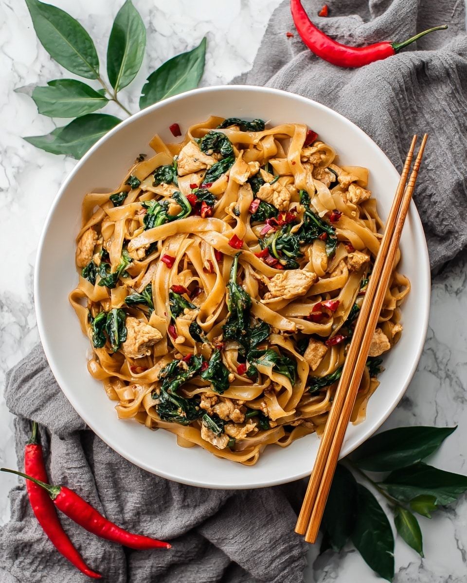 A white shallow bowl is full of wide brown noodles mixed with small pieces of cooked light brown chicken and green leafy vegetables. The noodles look shiny with a thick sauce, some with tiny red chili flakes. A pair of wooden chopsticks rests on the right side of the bowl. Around the bowl, there are green leaves and two red chili peppers on a gray cloth, all set on a white marbled surface. photo taken with an iphone --ar 4:5 --v 7
