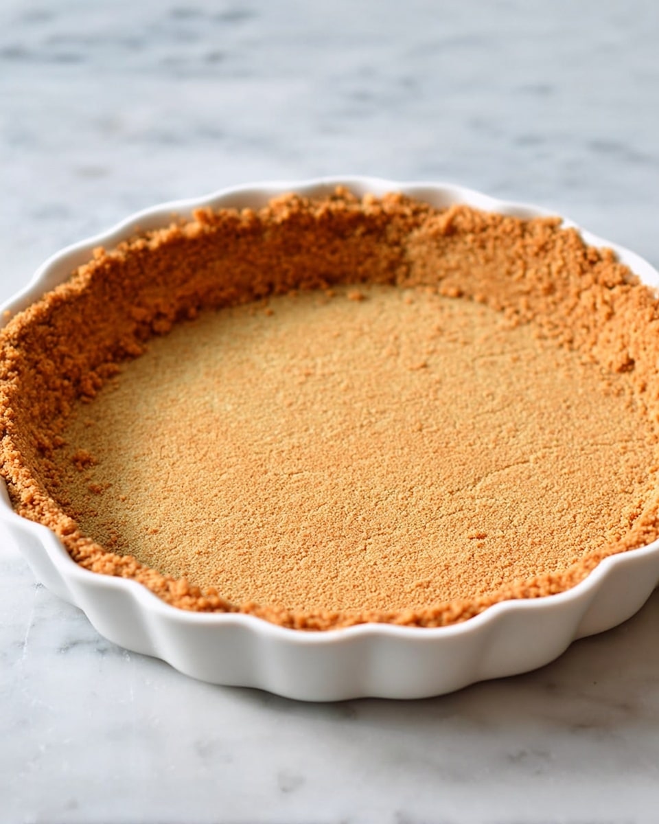 A close-up of a single-layer graham cracker pie crust pressed evenly into a white pie dish with scalloped edges. The crust is golden brown with a crumbly texture, slightly darker around the edges where it rises up the sides of the pie dish. The interior surface is smooth with visible fine crumbs pressed flat, showing a uniform layer about half an inch thick. The pie dish sits on a clean white marbled surface with soft natural light highlighting the even color and texture of the crust. photo taken with an iphone --ar 4:5 --v 7