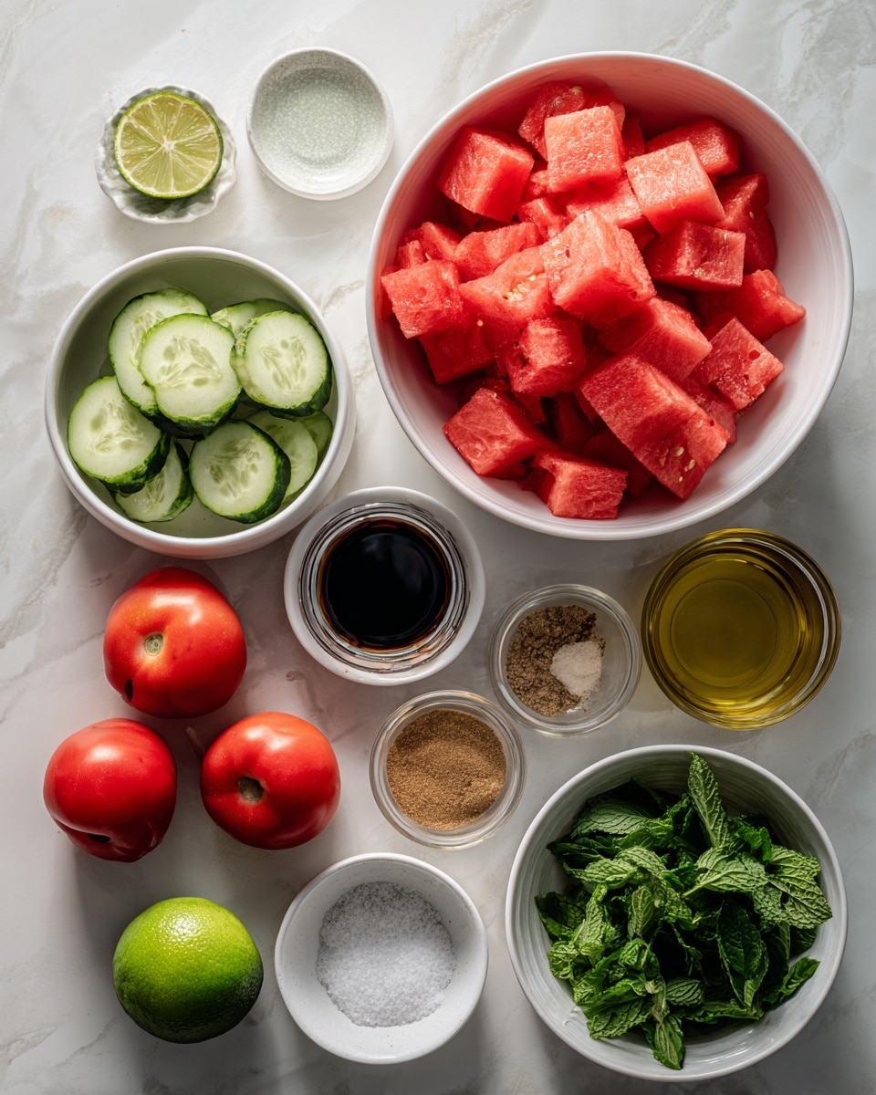 The image shows several white bowls and small jars with fresh and dry ingredients on a white marbled surface. A large white bowl is filled with bright red, cubed watermelon pieces. Another white bowl holds several slices of green cucumber with pale centers. Three whole, red tomatoes are placed near the bottom left corner. A small white dish holds light brown garlic powder and ginger powder side by side. Next to it are small clear jars containing light rice vinegar and dark soy sauce. There is a whole green lime near the center, and a small white dish with white salt beside the jars. A clear glass jar has golden olive oil. Finally, a white bowl at the bottom right holds chopped fresh green mint leaves. The composition is clear and neat, with all ingredients visible. photo taken with an iphone --ar 4:5 --v 7