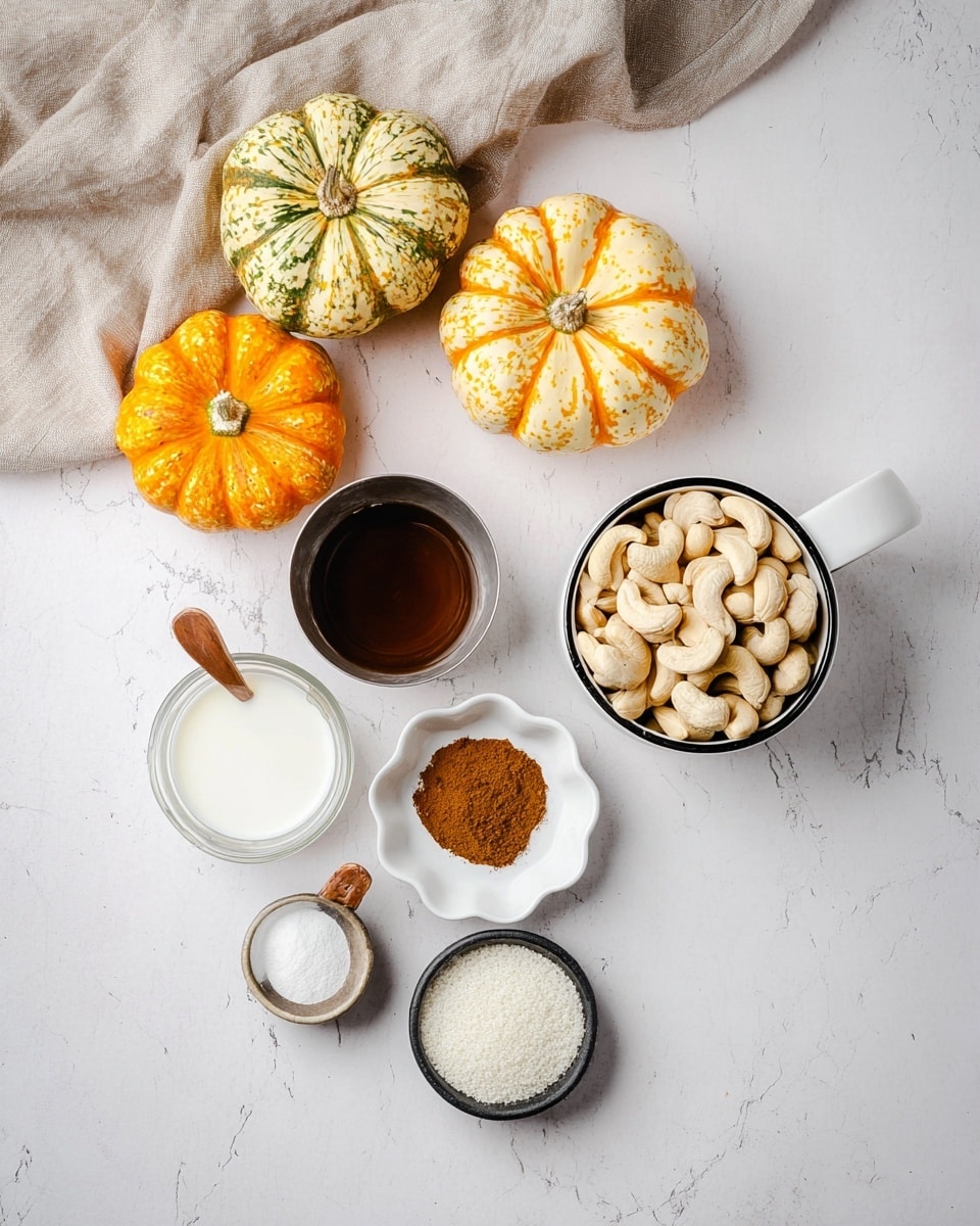 A small round yellow-orange pumpkin with green spots is hollowed out and filled with a creamy light brown dessert that has a caramelized dark brown top layer. A woman's hand holds a white-tipped spoon with a beige handle, lifting a spoonful of the dessert showing a soft, slightly browned texture with dark spots inside. The pumpkin sits on a square piece of brown parchment paper on a white plate with a raised edge design, all placed on a white marbled surface. The pumpkin lid with similar colors lies next to the dessert. Photo taken with an iphone --ar 4:5 --v 7